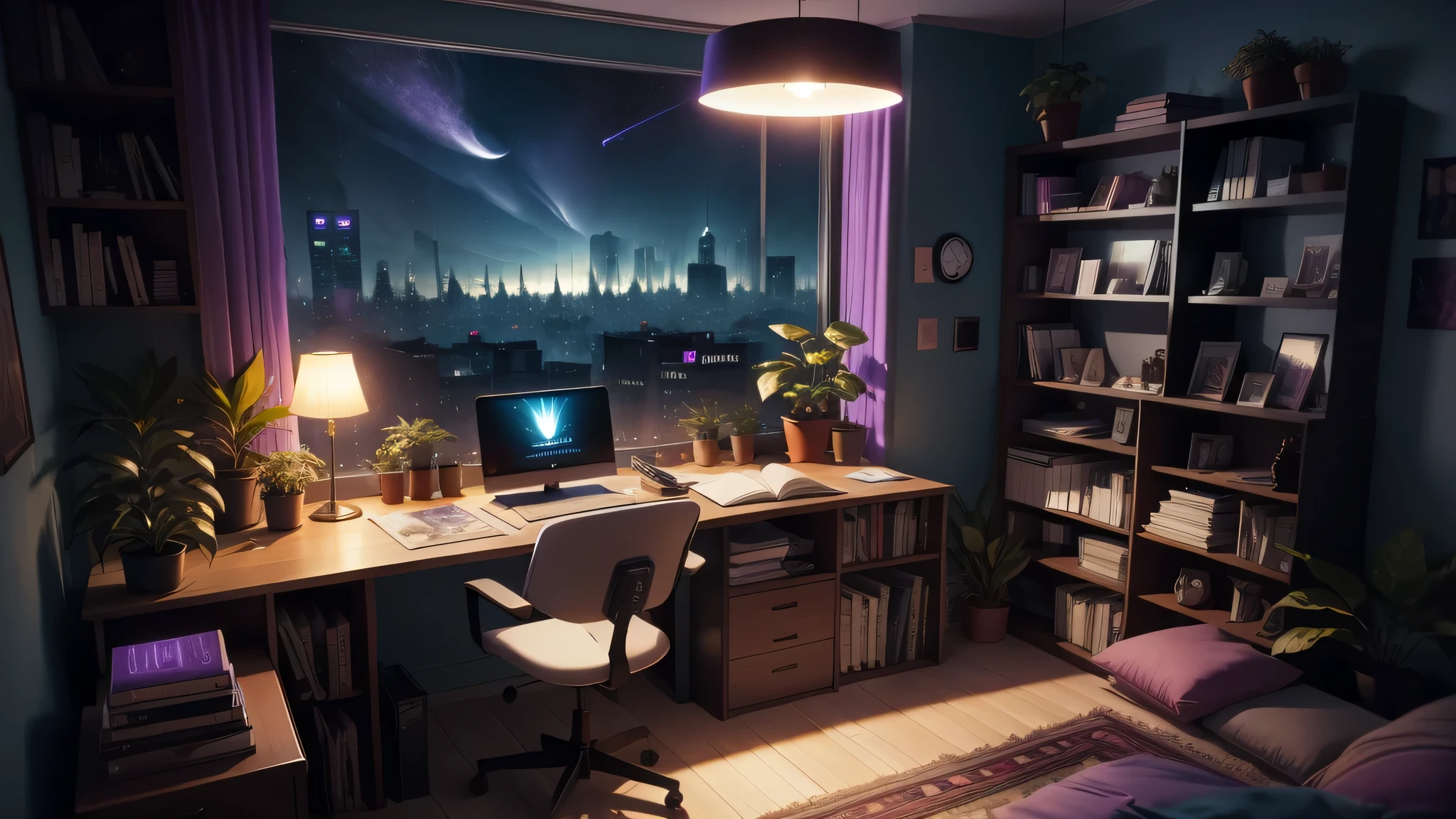 chambre la nuit, Cyberpunk, ordinateur desk, Plantes d'interior, livres, ordinateur, space at l'exterior of the window, Purple light