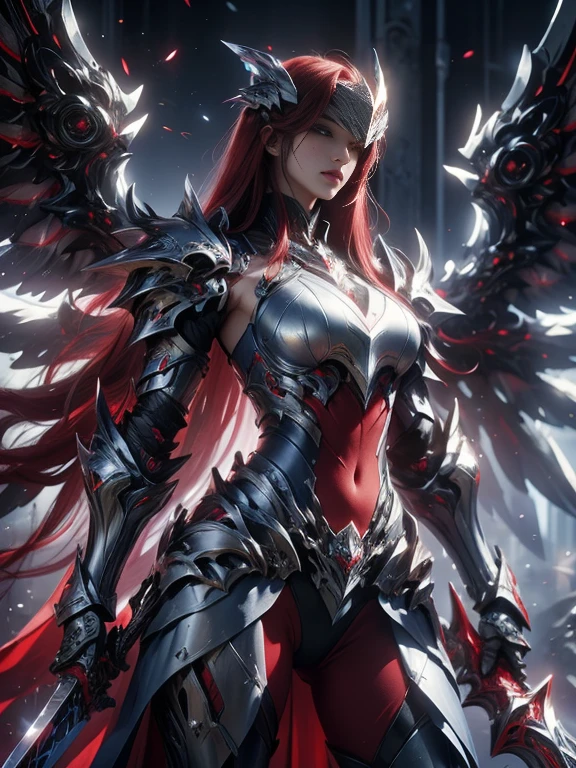 Character design, 1 girl,, slim body, medium chest, skinny waist, ((long deep red hair)). blue eyes. (((blue fantasy a female knight in a blue full armor))), (((big pauldrons, intricate details))), (((large armor wings))), (((advanced weapon fantasy plasma sword in right hand))), (standing), plain gray background, masterpiece, HD high quality, 8K ultra high definition, ultra definition,