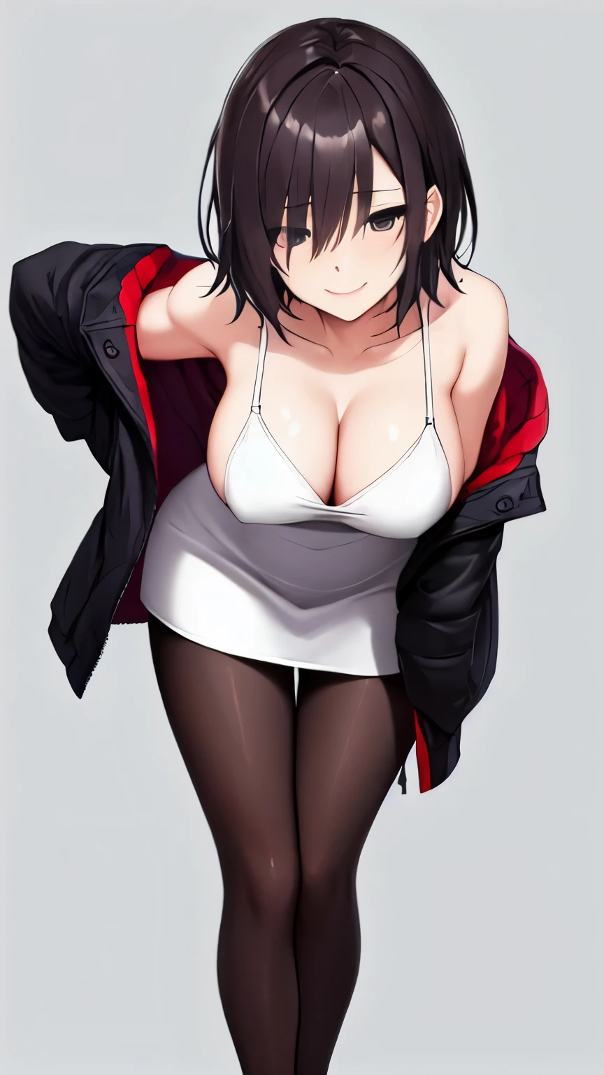 masterpiece, best quality, (1girl), white dress, BREAK, darker hair, short hair, black eyes, solid eyes, empty eyes, big jacket, off shoulder, black pantyhose, BREAK, smile, lustful face, large breasts, adult, ((leaning forward)), simple background, no background, white background