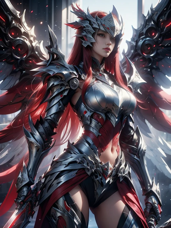 Character design, 1 girl,, slim body, medium chest, skinny waist, ((long deep red hair)). blue eyes. (((blue fantasy a female knight in a blue full armor))), (((big pauldrons, intricate details))), (((large armor wings))), (((advanced weapon fantasy plasma sword in right hand))), (standing), plain gray background, masterpiece, HD high quality, 8K ultra high definition, ultra definition,