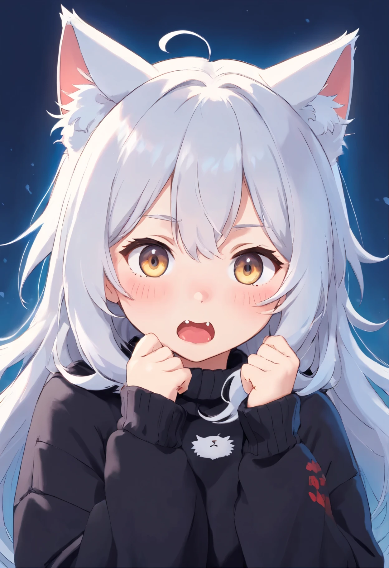 Soft, cute adult neko with puffy white hair wearing a loose fuzzy black sweater, adorable, has cat fangs and a blushy look on her face, OwO