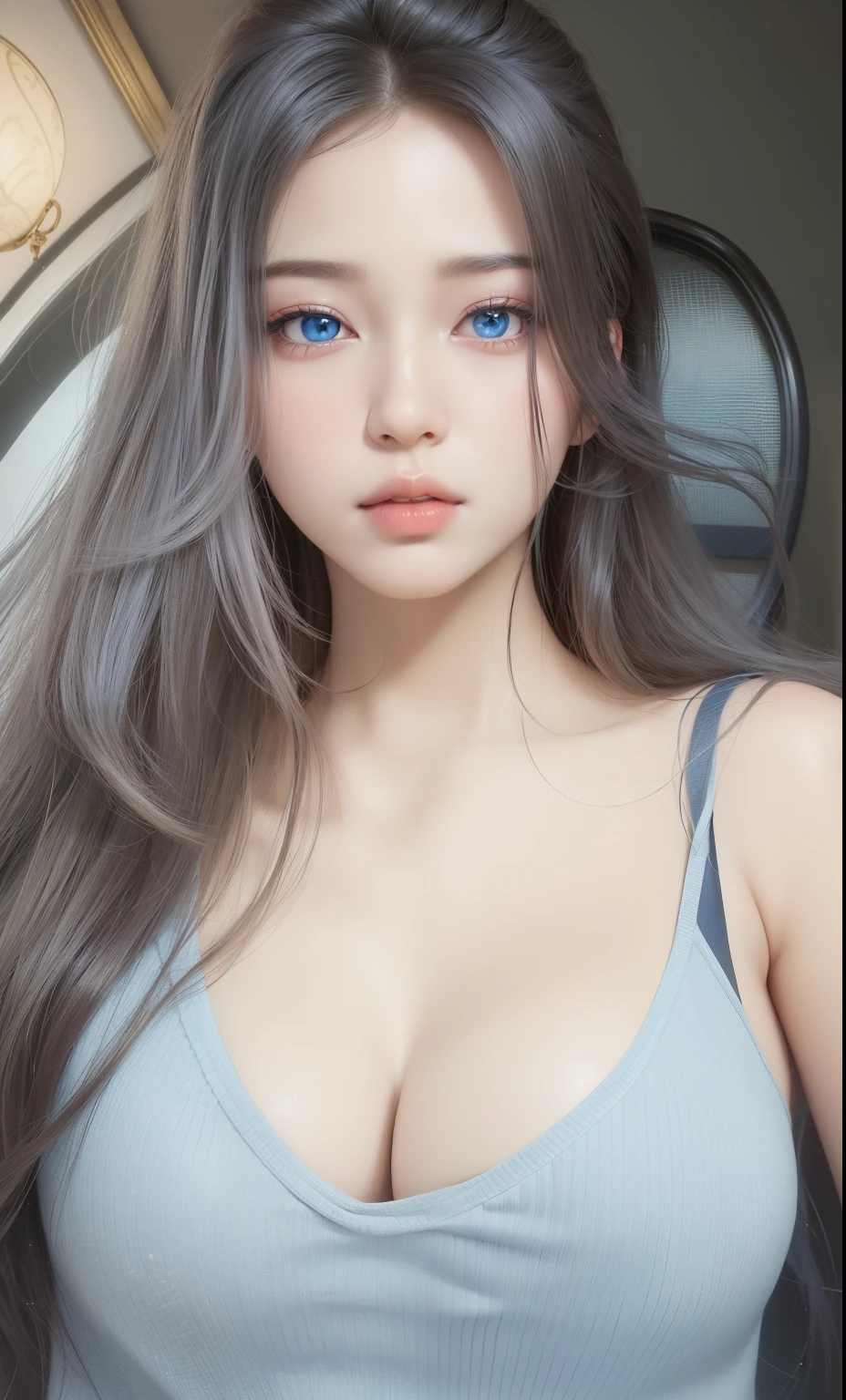 Beautiful big breastokeh), indoors, detailed luxury living room, gentle and charming beautiful goddess, Korean(kpop-idol), solo, necklace, oval face, double eyelids, smart, good hands, good feet, Natural, (from below angle), (glossy skin:1.05), ((low angle)), Perfect figure, (64k, UHD, RAW photo, best quality, masterpiece:1.4), (realistic, photo-realistic:1.37), ultra high res, photon mapping, radiosity, physically-based rendering, professional soft lighting, blue eyes, purpel hair