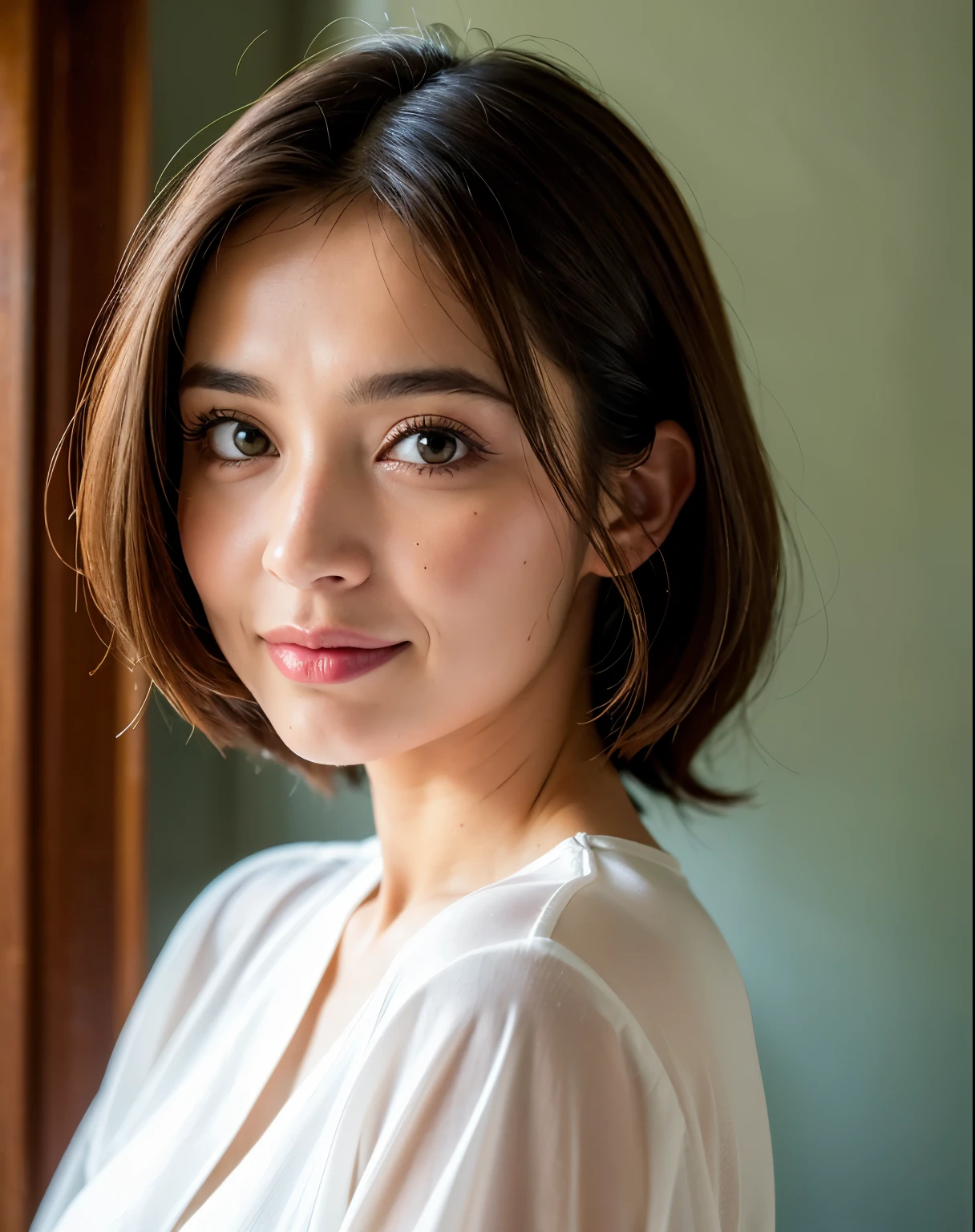 melhor qualidade, foco facial, Luz suave, ultra high resolution, (fotorrealista:1.4), Foto CRU,
1 garota japonesa, Sozinho, bonitinho, (aluno, luzes nos olhos), Rosto lindo detalhado, (),(high resolution detail of human skin texture),
(cabelo longo),
interior,
Vestido Camisa Damasco,
(retrato)