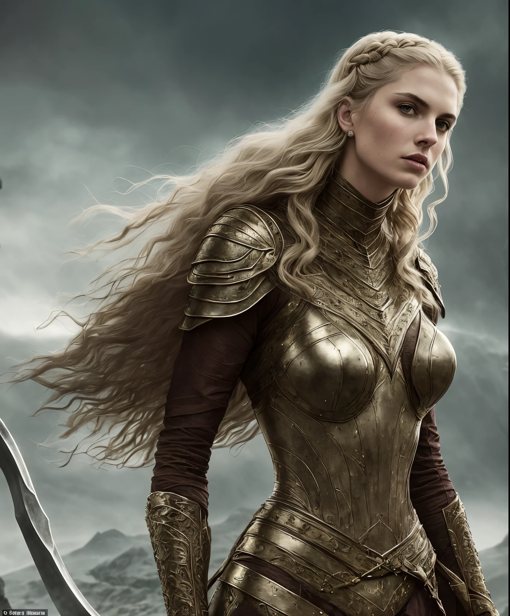 Visenya possesses the classical Valyrian features, long, silver-gold hair, which she often braided or bound up in rings, and purple eyes, Hers was a harsher, more austere beauty than her sister, A voluptuous, sensual, and passionate woman, she was also stern, serious, and unforgiving, Visenya was both a dragon rider and a warrior, comfortable in both silk and in ringmail. When garbed as a warrior, she always wielded the Valyrian steel longsword Dark Sister,  ultra detailed artistic photography, zdzislaw beksinski, misty, ultra high-detail, cinematic lighting, concept art, epic, surrealistic, magic, mystical