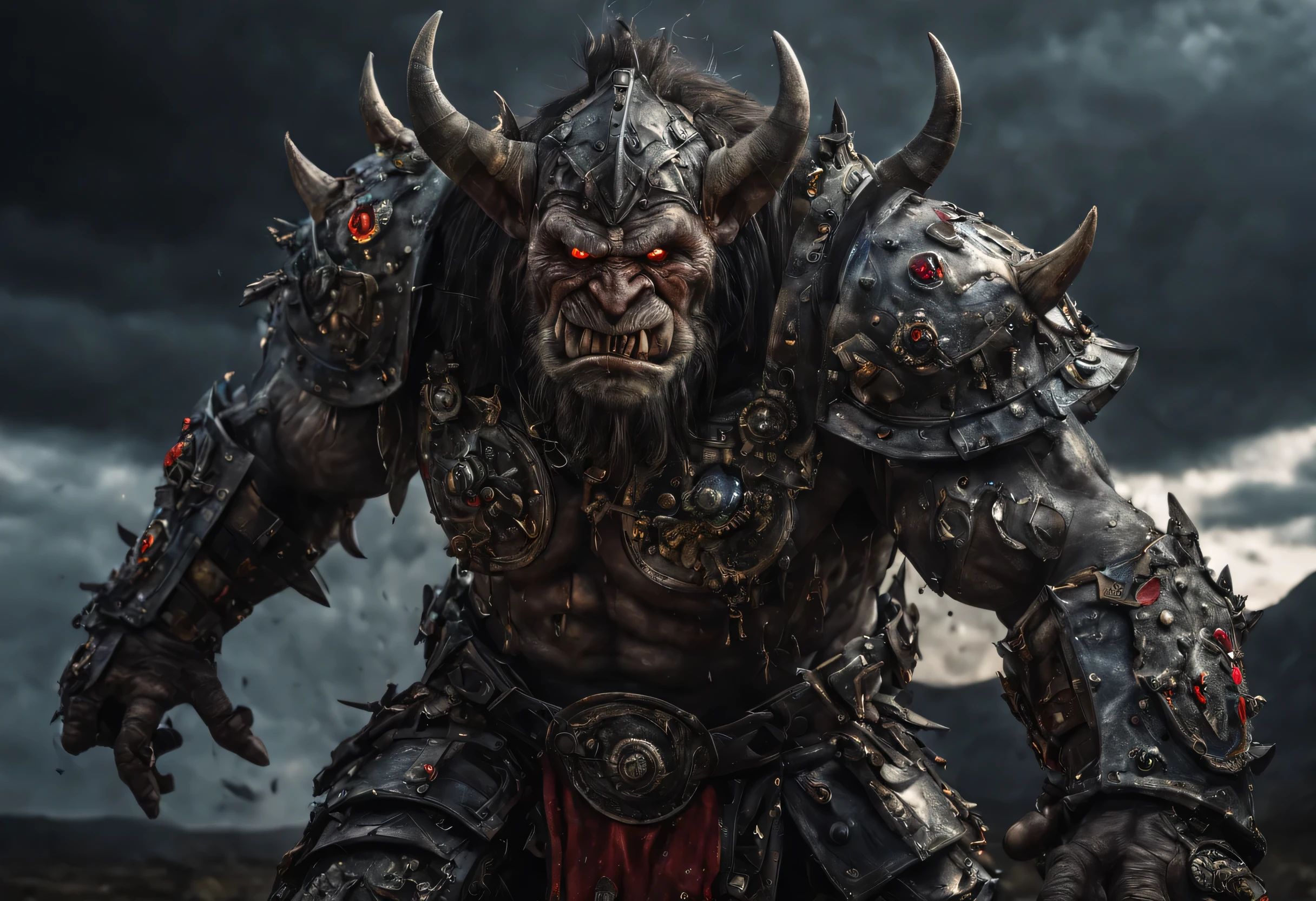 Ultra-wide 64K UHD panoramic image of a war troll full battle armor, red eyes, intricate detailed armor, finely detailed features, award winning, best quality, masterpiece, detailed, edgy, dramatic, stormy skies, lightning, thunder, blending, imagination, art brut, polychromatic neon, phantasmagoria, vray, polychromatic noir, hyperrealistic photo by Seebas Apterus and Larry Bell art, blending, smooth, serious, detailed expressions, artstyle, detailed eyes, HDR, UHD, 64k, RTX, sharp, sharp focus, highly detailed, intricate detail, professional, artistic flow, ultra detailed, high resolution