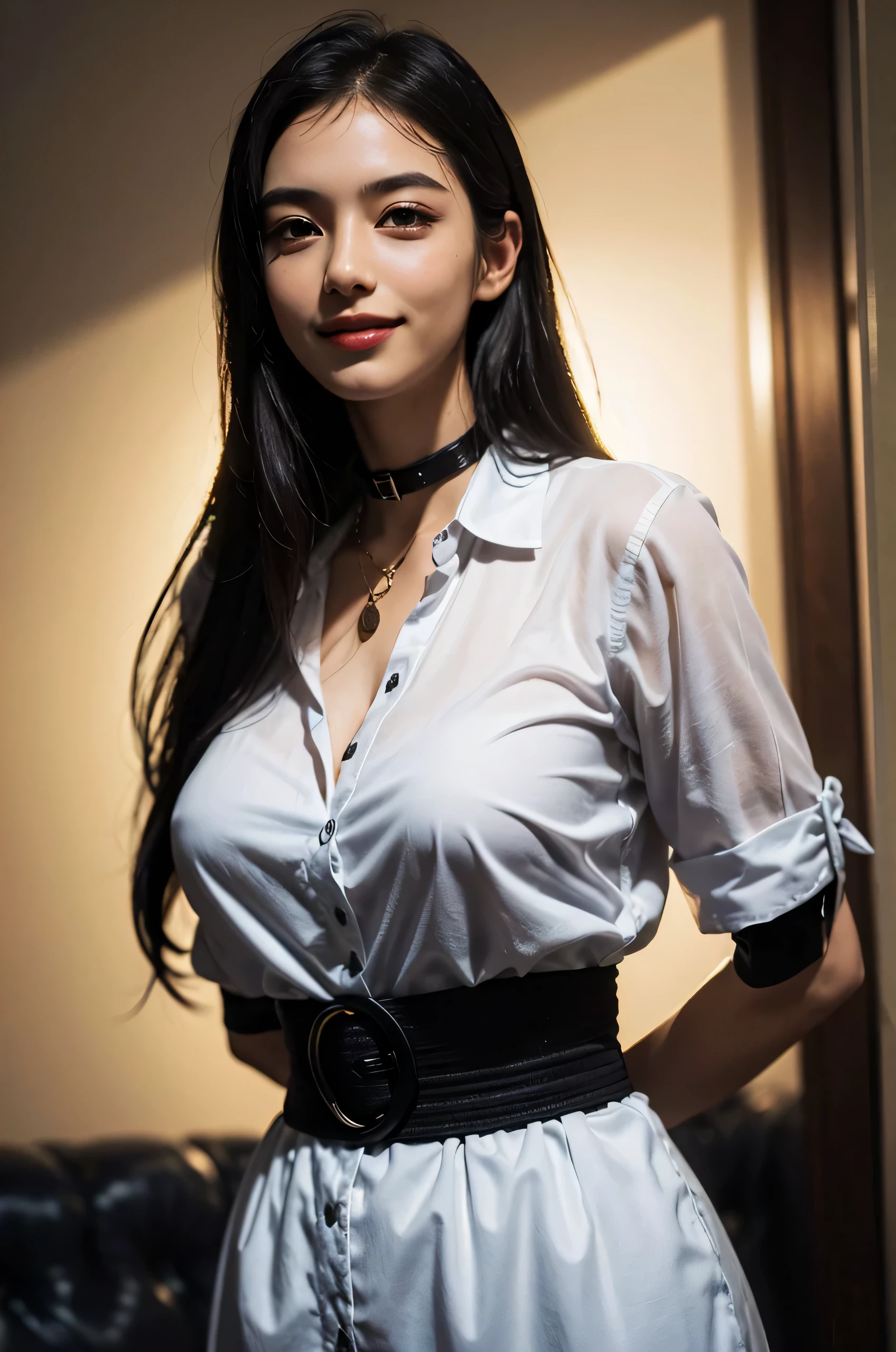 highest quality, masterpiece, (realistic:1.4), 1 girl, light smile, collared shirt, Upper body, dramatic lighting, from below, big breasts,