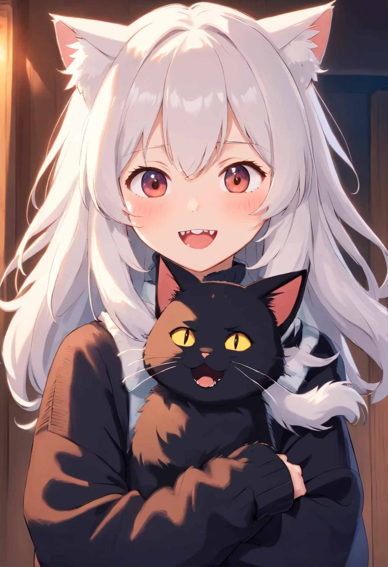 Soft, cute adult neko with puffy white hair wearing a loose fuzzy black sweater, adorable, has cat fangs and a blushy look on her face, OwO