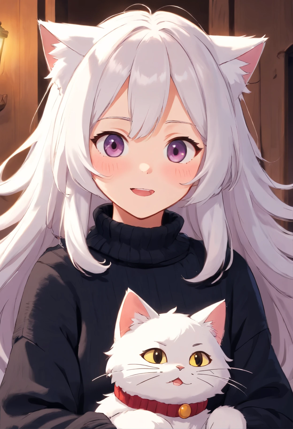Soft, cute adult neko with puffy white hair wearing a loose fuzzy black sweater, adorable, has cat fangs and a blushy look on her face, OwO