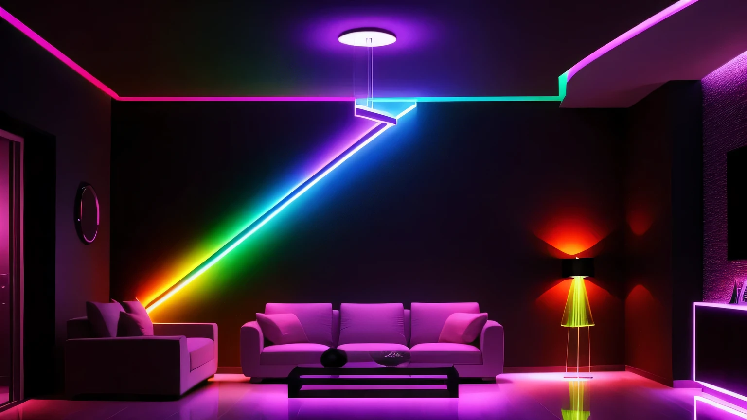 Indoor living room, rainbow lighting, Colorful lighting, volumetric rainbow lighting, Colorful lighting, toilettes de joueur RVB, Bandes lumineuses LED, Dramatic Colorful lighting, Colorful lighting, Colored Indicators, Lumières colorées spectaculaires, Éclairage RVB, Bright Interior Lighting, Lumières LED RVB, Éclairage d’ambiance joyeux, extremely bright design, RGB Ethereal Lighting