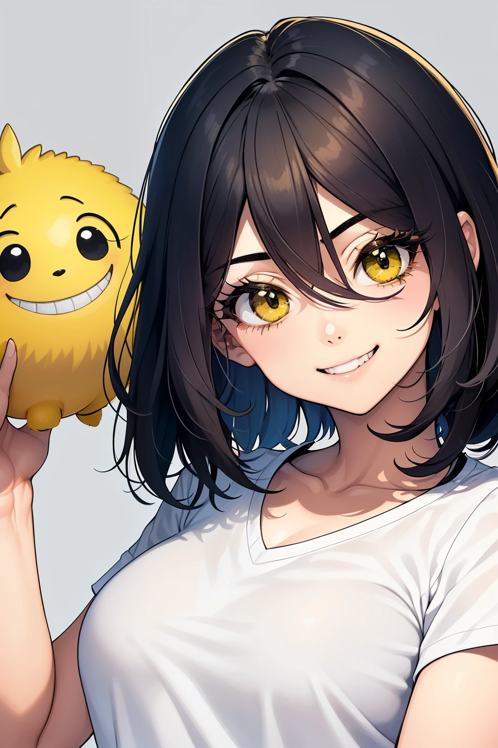 1 chica, solo, parte superior del cuerpo,
pelo rubio, pelo largo,
ojos verdes, long eyelashes, Thick Eyelashes, Mirando al espectador,
sonrisa,
Camisa descubierta casual ,
Fondo blanco, fondo sencillo,