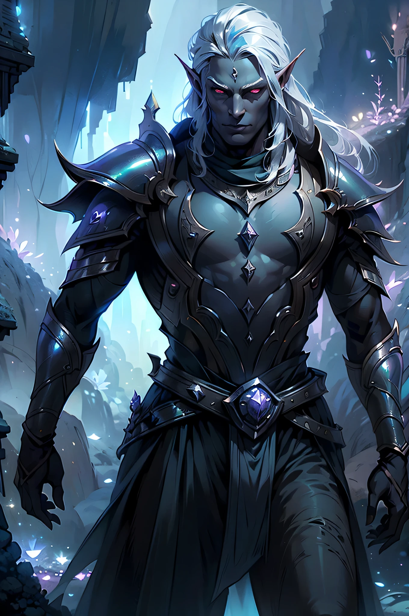 solo, ((1 boy)), dark elf, handsome, Drow commander Torezhka, long pointy ears, charcoal dark skin/ grey skin, long hair, topknot, silvery-white hair, fiery-red eyes, shiny eyes, upturn eyes, upturn brows, athletic build, anatomically correct male, BREAK, Attire: Male Drow style, black iridescent armor, headband, magical katana: (iridescent obsidian blade), BREAK, Area setting: realistic style, fairytaleAI, Vast subterranean cavern with city, large bioluminescent mushrooms, giant crystals, florescent rock formations, BREAK, ((masterpiece, best quality)), ((absurdres)),(extremely detailed CG unity 8k wallpaper), realistic style, dark fantasy style, cowboy view, (centered, Scale to fit dimensions, Rule of thirds), Fighting Stance, cinematic lighting, soft lighting