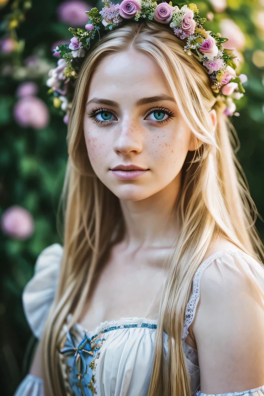 Details and realistic portrait of Rapunzel maid,There are several freckles, Long messy blonde hair, Colorful and charming eyes, Dark fluffy dress, Soft natural lighting, Portrait photography, magical photography, Dramatic lighting, Photo realism, Ultra-detailed, Intimate portrait composition, flowers in the background, Leica 50mm, F1. 4,