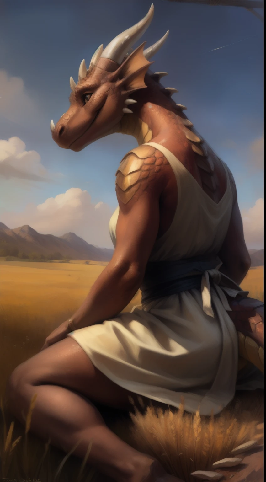 (by taran fiddler, by Kenket), by the-minuscule-task, by zummeng), (anthro dragon, furry, woman, antrum, extremely detailed, extremely detailed legs, extremely detailed arms, extremely detailed face, perfectly detailed eyes, perfectly detailed anatomy), solo, perspective, adult, mature body, curvy, (single tail), (dragon horns, dragon scales, dragon muzzle, dragon nose), soft smile, smooth scales, detailed scales, shiny deep gold scales, dreamy eyes, looking wistfully, rear view, full body shot, sitting, painterly, traditional style, depth of field, gathering wheat in a field, harvesting, work dress, medieval, fantasy