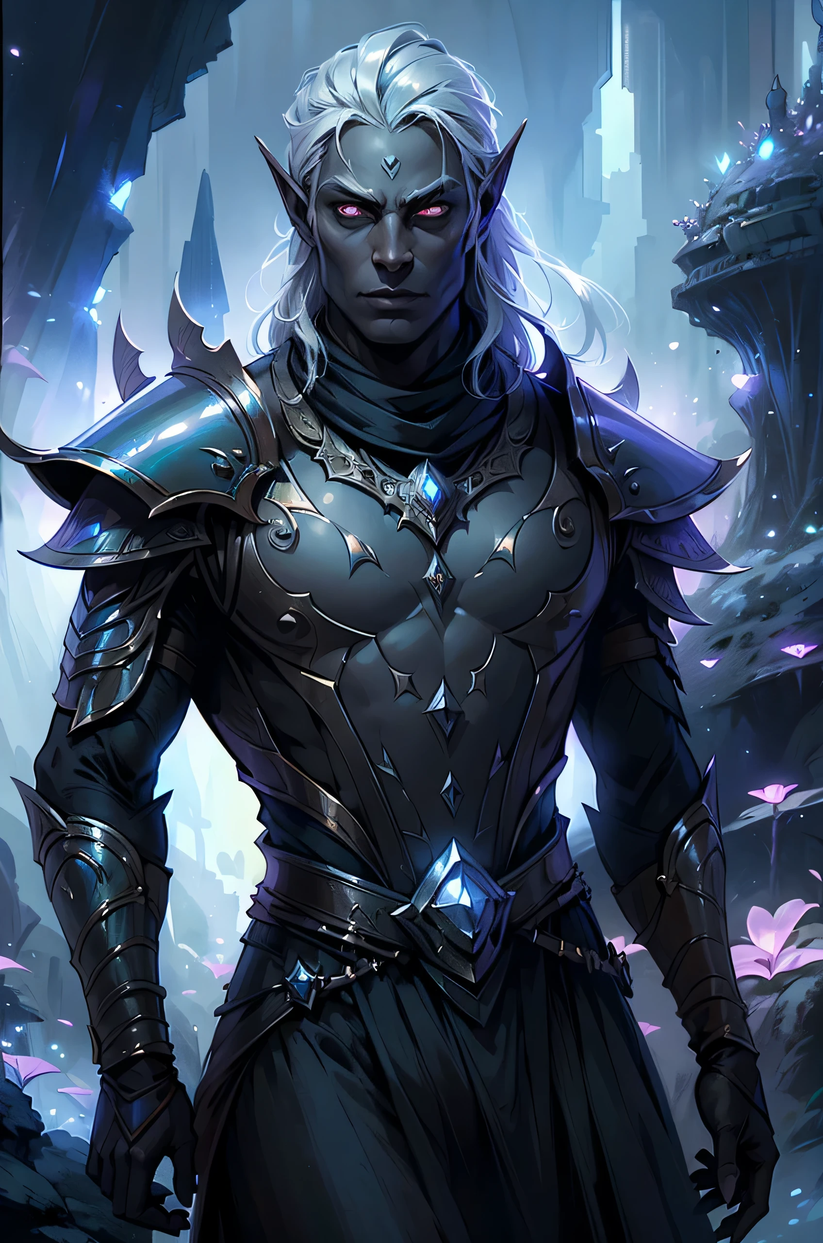 solo, ((1 boy)), dark elf, handsome, Drow commander Torezhka, long pointy ears, charcoal dark skin/ grey skin, long hair, topknot, silvery-white hair, fiery-red eyes, shiny eyes, upturn eyes, upturn brows, athletic build, anatomically correct male, BREAK, Attire: Male Drow style, black iridescent armor, headband, magical katana: (iridescent obsidian blade), BREAK, Area setting: realistic style, fairytaleAI, Vast subterranean cavern with city, large bioluminescent mushrooms, giant crystals, florescent rock formations, BREAK, ((masterpiece, best quality)), ((absurdres)),(extremely detailed CG unity 8k wallpaper), realistic style, dark fantasy style, cowboy view, (centered, Scale to fit dimensions, Rule of thirds), Fighting Stance, cinematic lighting, soft lighting