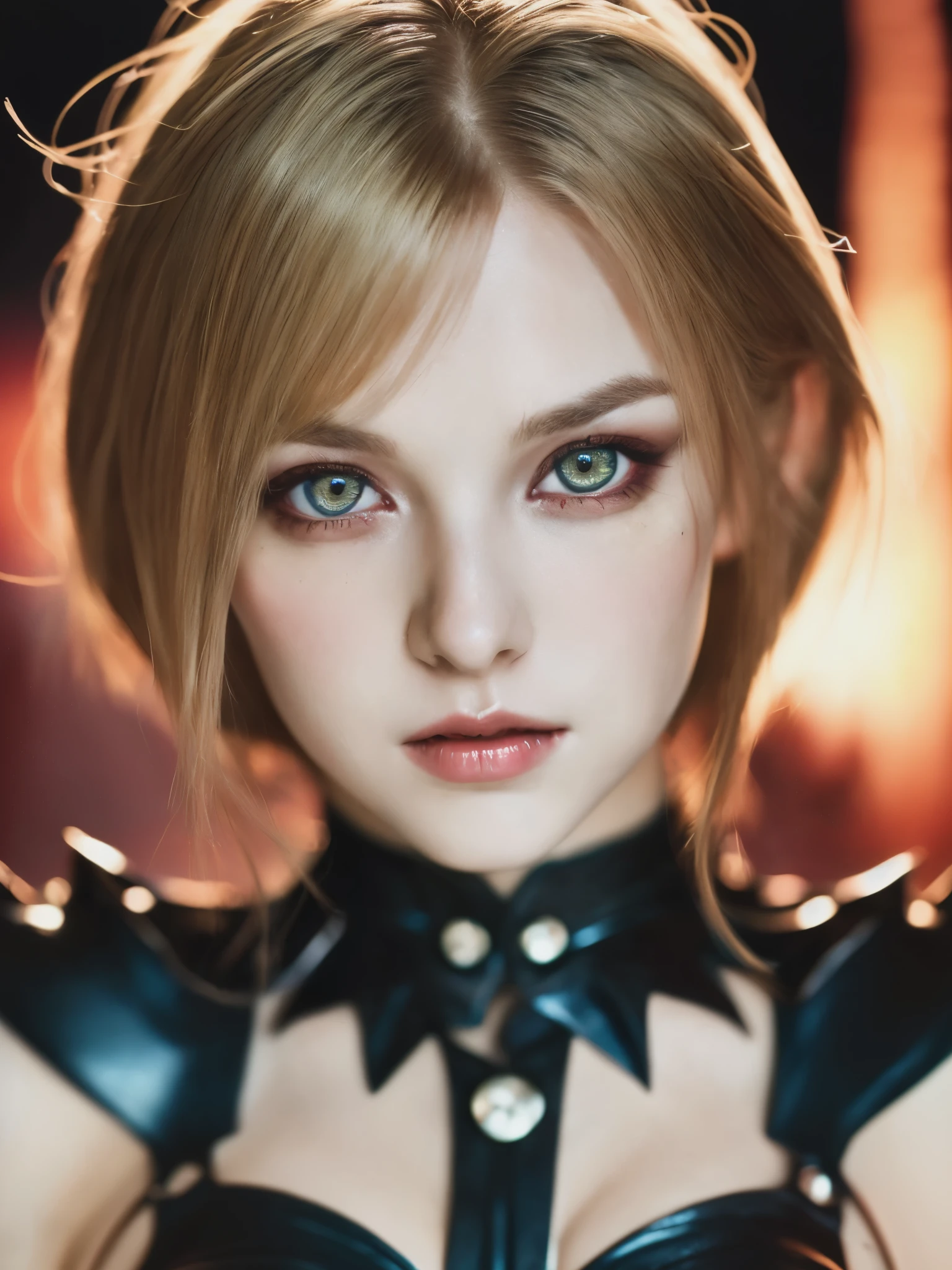 Analog photo, (Best quality:1.4), (ultra detailed:1.4), full body shot of pale blonde woman, intense red eyes, elf ranger, black spiked outfit, demonic, hell, living dead, cute sexy, (detailed face, detailed eyes), (Photorealistic:1.4), (film grain, depth of field)