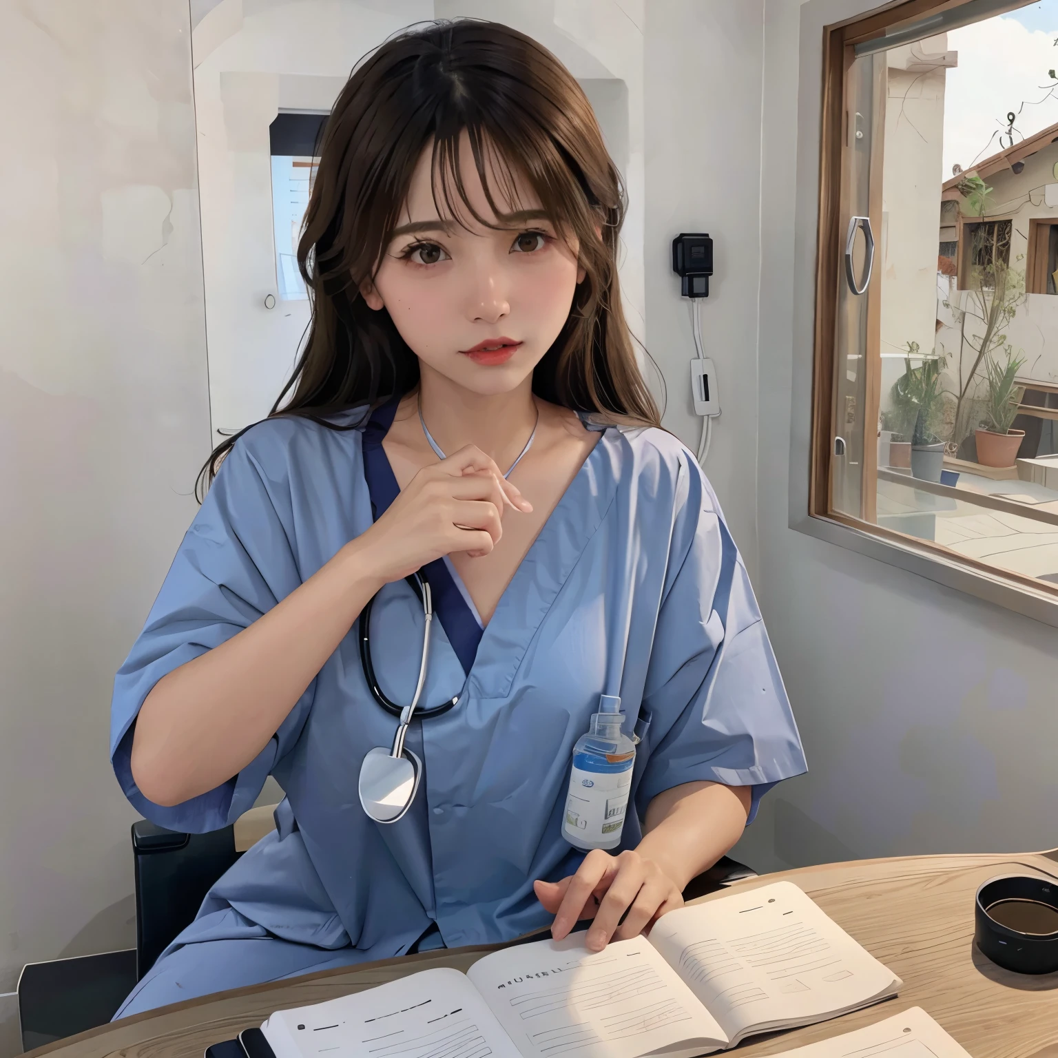 ((highest quality, 8K, masterpiece: 1.3)), woman, perfect skin, straight hair, latin aspects, female doctor, Examination at the hospital, defined body, delicate face, Hospital environment, Hospital Teacher