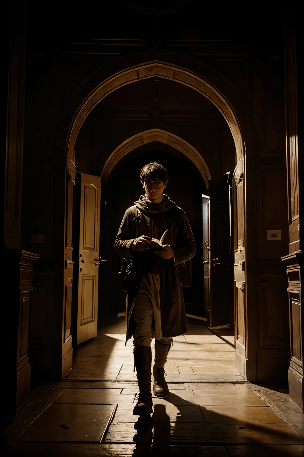 "A young pilgrim with a bible in his hand leaving for a new journey, apocalyptic inspiring mood, inspired by the dramatic style of British artist John Martin."