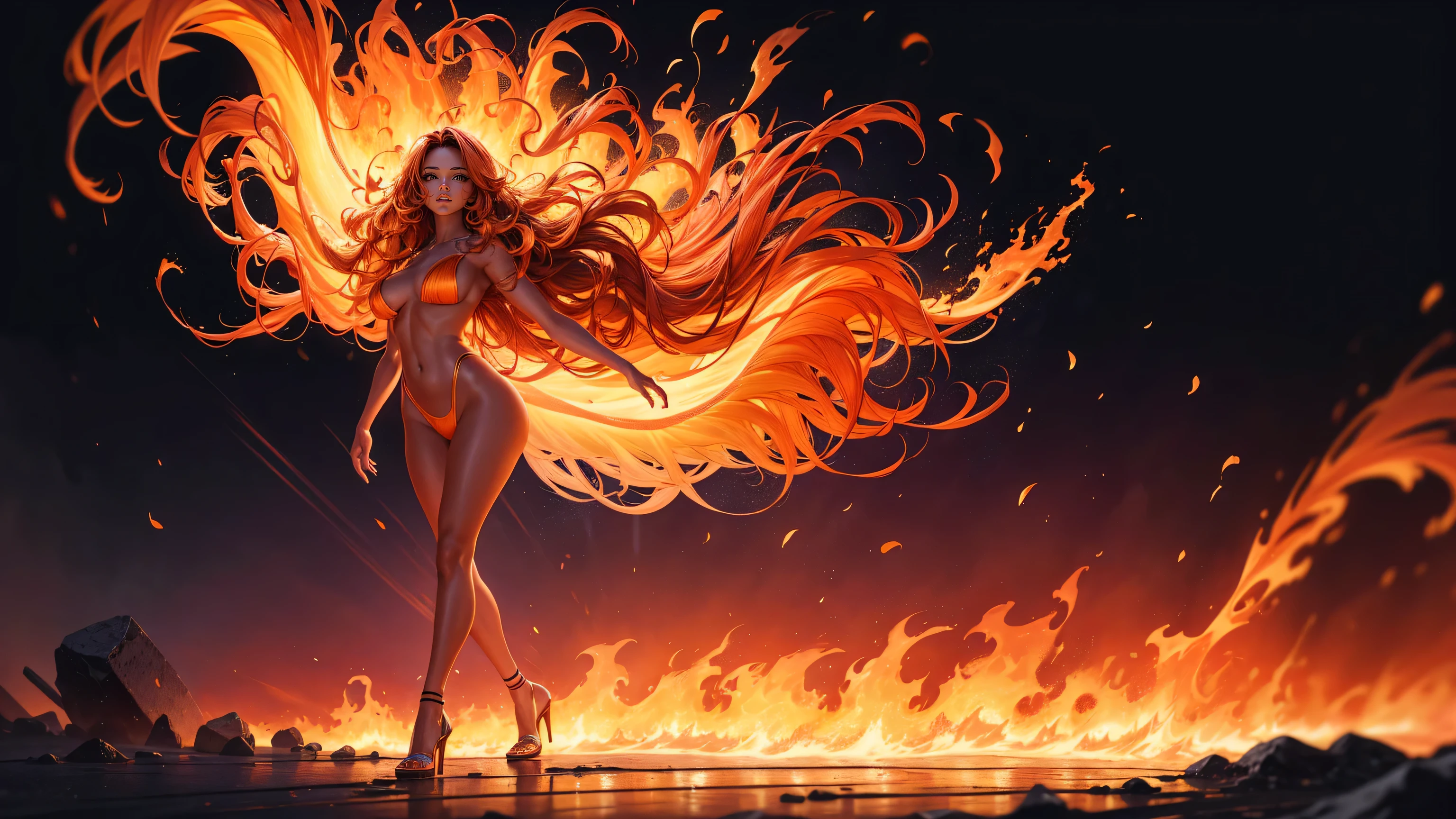 4K HDR 3OODPI creates a full-body image., Distant view. bright, colorful, Shiny and realistic, The digital illustration of the beautiful caramel skin is fuller and thicker.. Argentinian woman with long, wavy orange hair. Walked out of the orange flames naked. Wearing orange high heels made of fire on a black background..