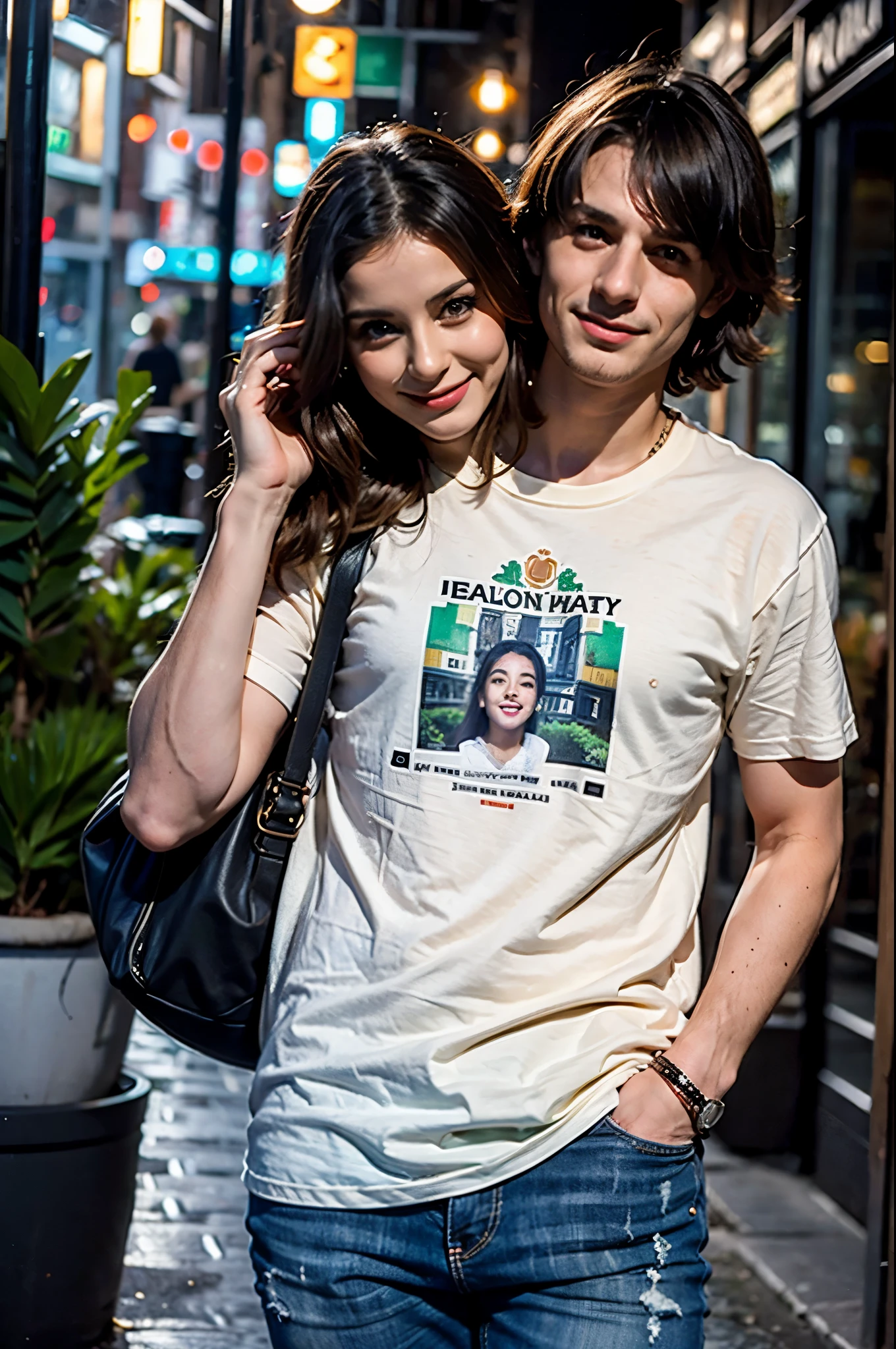 2heads, male female couple, two heads on one body, age 22, Irish, casual outfit, in the city, evening,