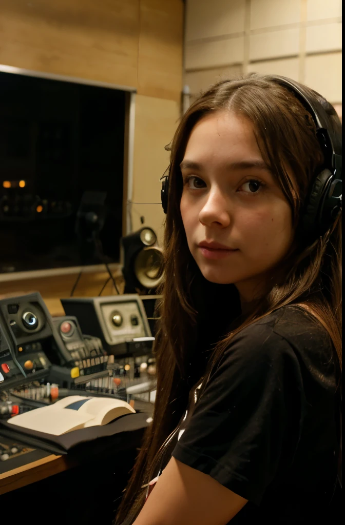 Doubler girl with long hair in the recording studio with the library behind her