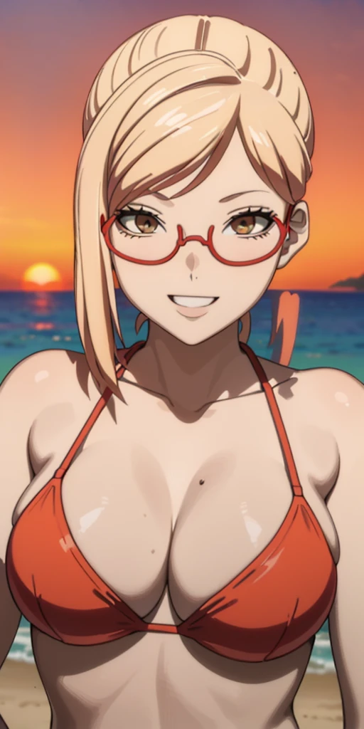 (Best quality:1.3), big breasts, Naked, red glasses, smiling, Beach background, (close-up, sexual, Erotic), orange sky