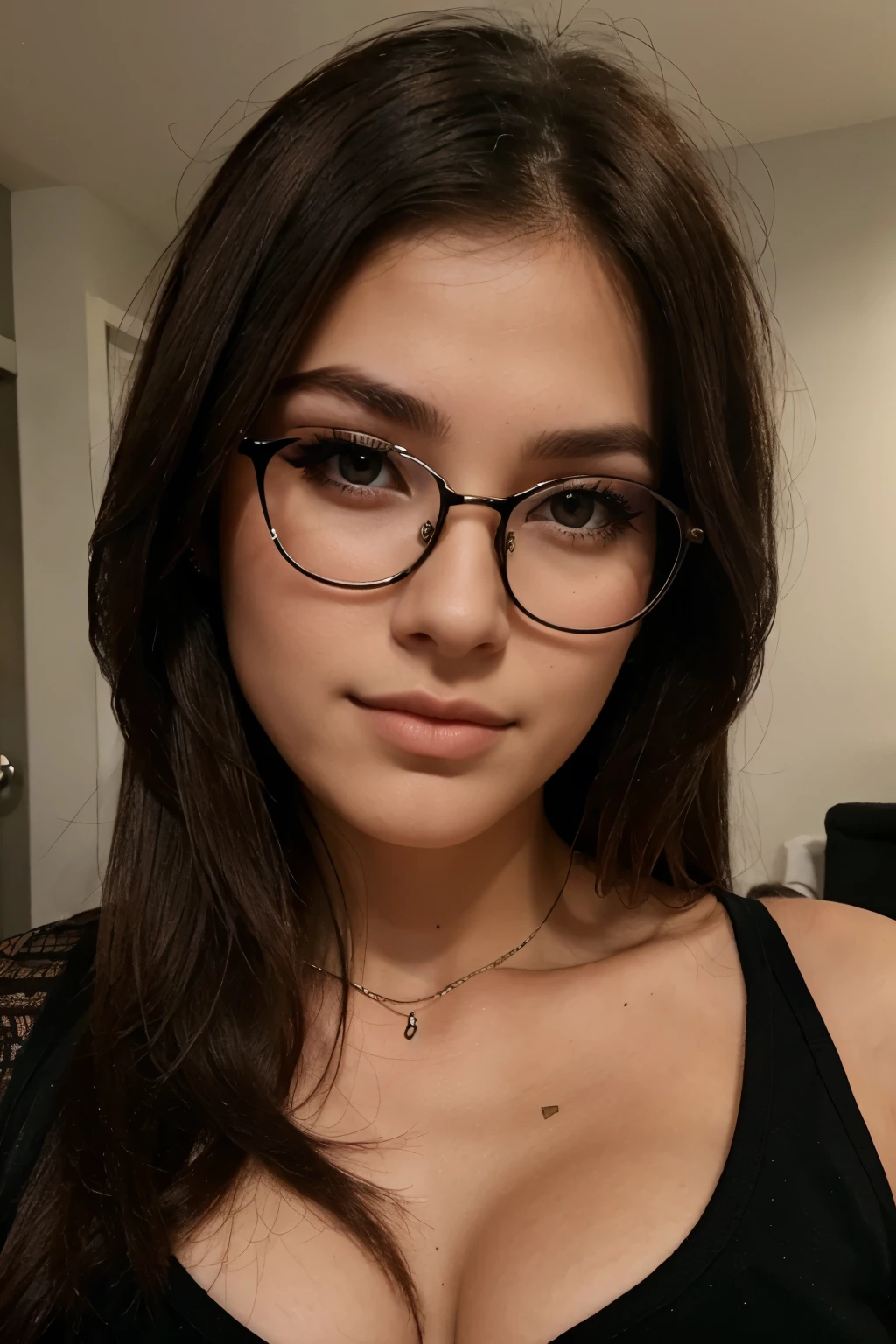 beautiful brunet charismatic girl, nose piercing, wearing eye glasses, dark eye makeup