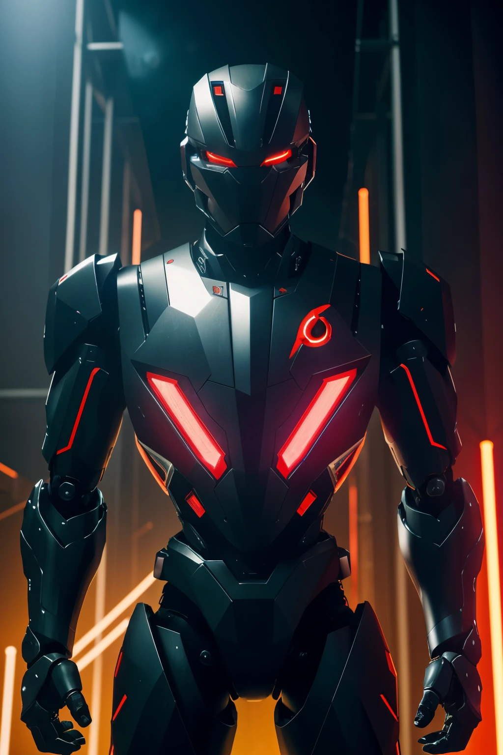 A massive humanoid robot emerges from the shadows, its glowing red eyes radiating a threatening menace as sparks fly around its metallic limbs, evoking the unyielding power of an implacable machine ready for action. The robot's bulky frame towers over any surrounding objects, its sleek exterior reflecting the dimly lit environment. Its articulated fingers twitch spasmodically as if readying for combat, while its head tilts slightly, scanning the area with sensors hidden within its shining visage. The air crackles with tension as the robot comes fully into view, its every detail meticulously crafted for maximum impact in this high-definition, ultra-realistic image