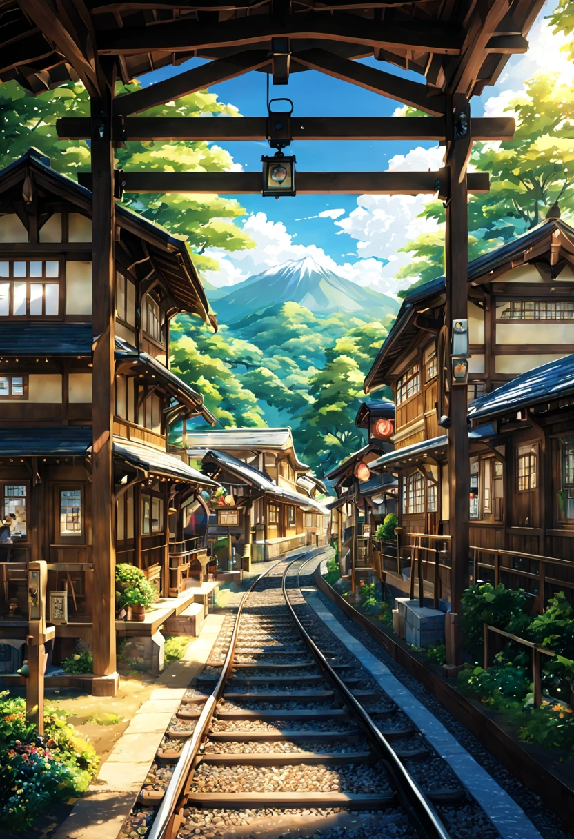 Traveler Japanese wooden station appearance building railway train Traveler Japanese country station、Scene crowd best quality beautiful anime scenes, The perfect composition and beautiful texture of anime scenery