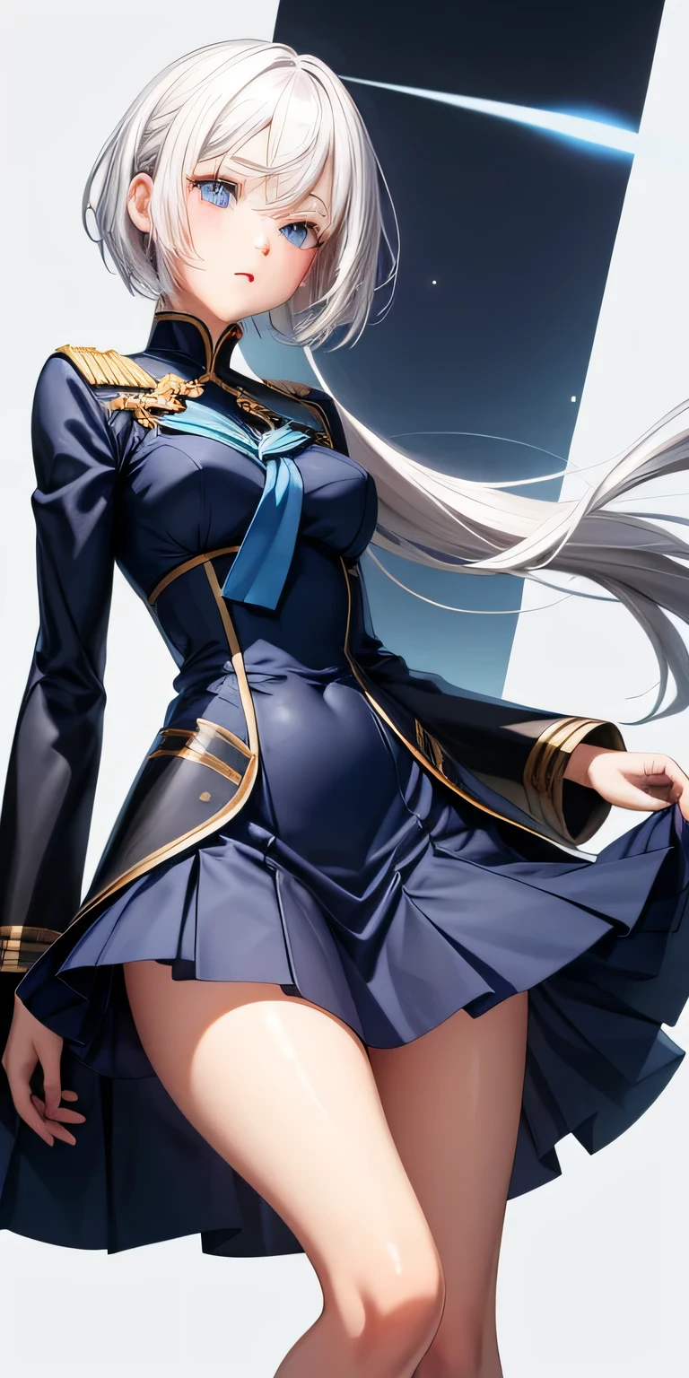 solo female girl with white hair blue eyes, navy blue dress and short skirt hourglass figue medium . blushing, white background