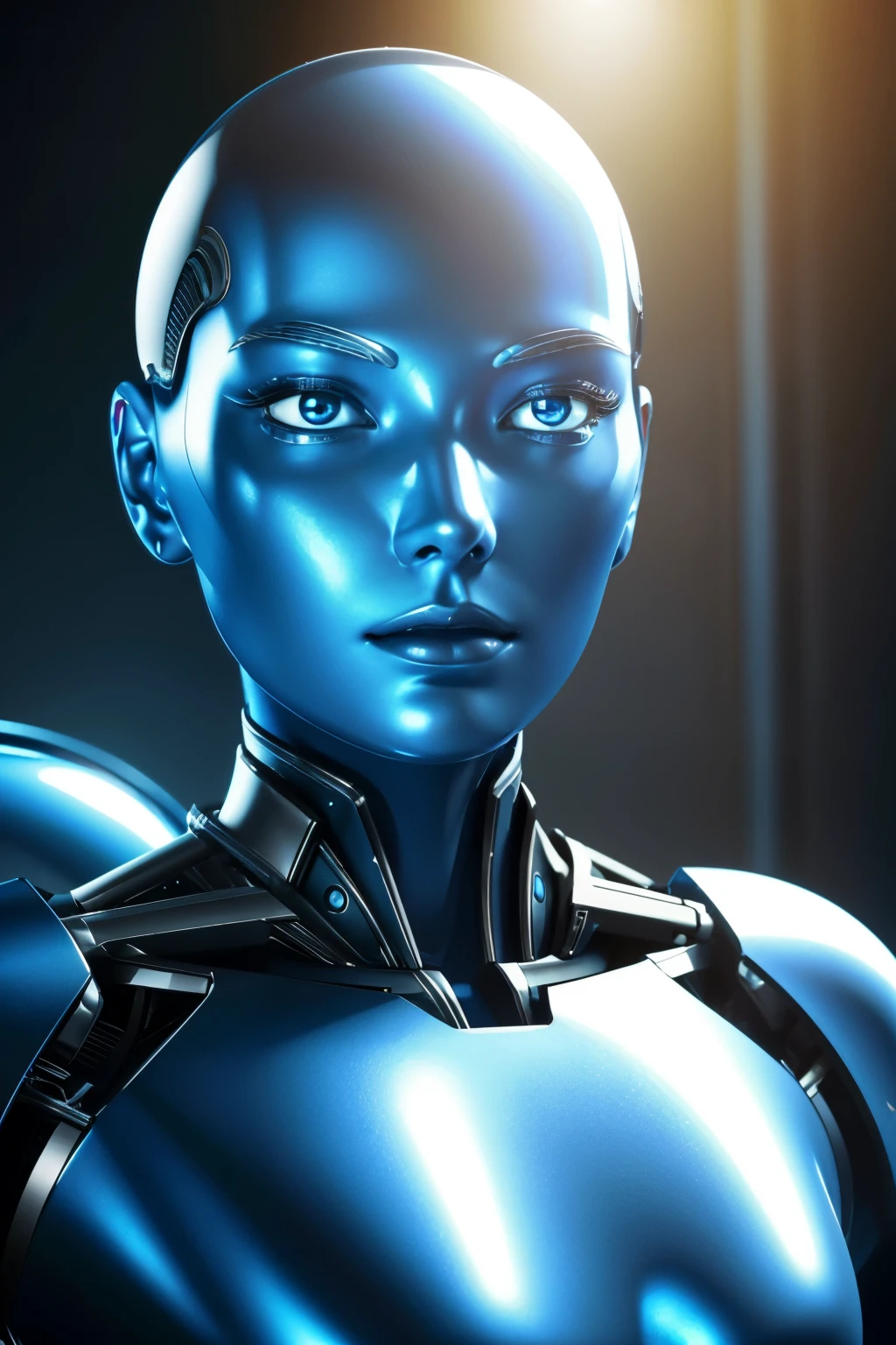 An elegant android, enclosed within a seamless metal casing, bathed in a gentle blue radiance, evoking a blend of technical sophistication and subtle, hidden menace reminiscent of a Terminator.