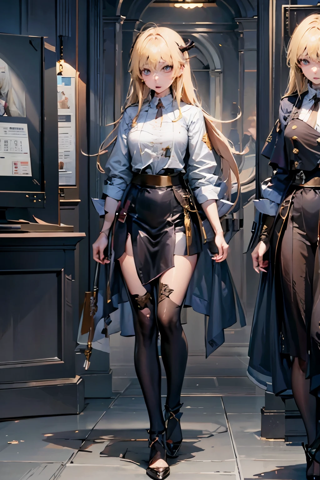 Standing, character sheet, character concept, concept art, girl, anime, blush, blonde hair, blue eyes, vampire, vampire girl, adult, large chest, hoodie, vampiric clothing, gothic, cute, kawaii, beautiful