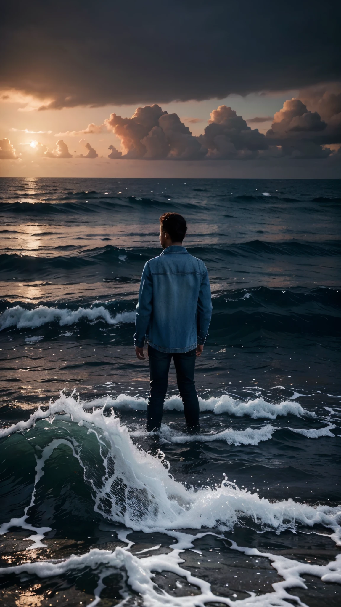 mar vermelho aberto no meio, a young man in a denim jacket standing in the middle, com o mar revolto ao seu lado, inspired by the dramatic style of British artist John Martin