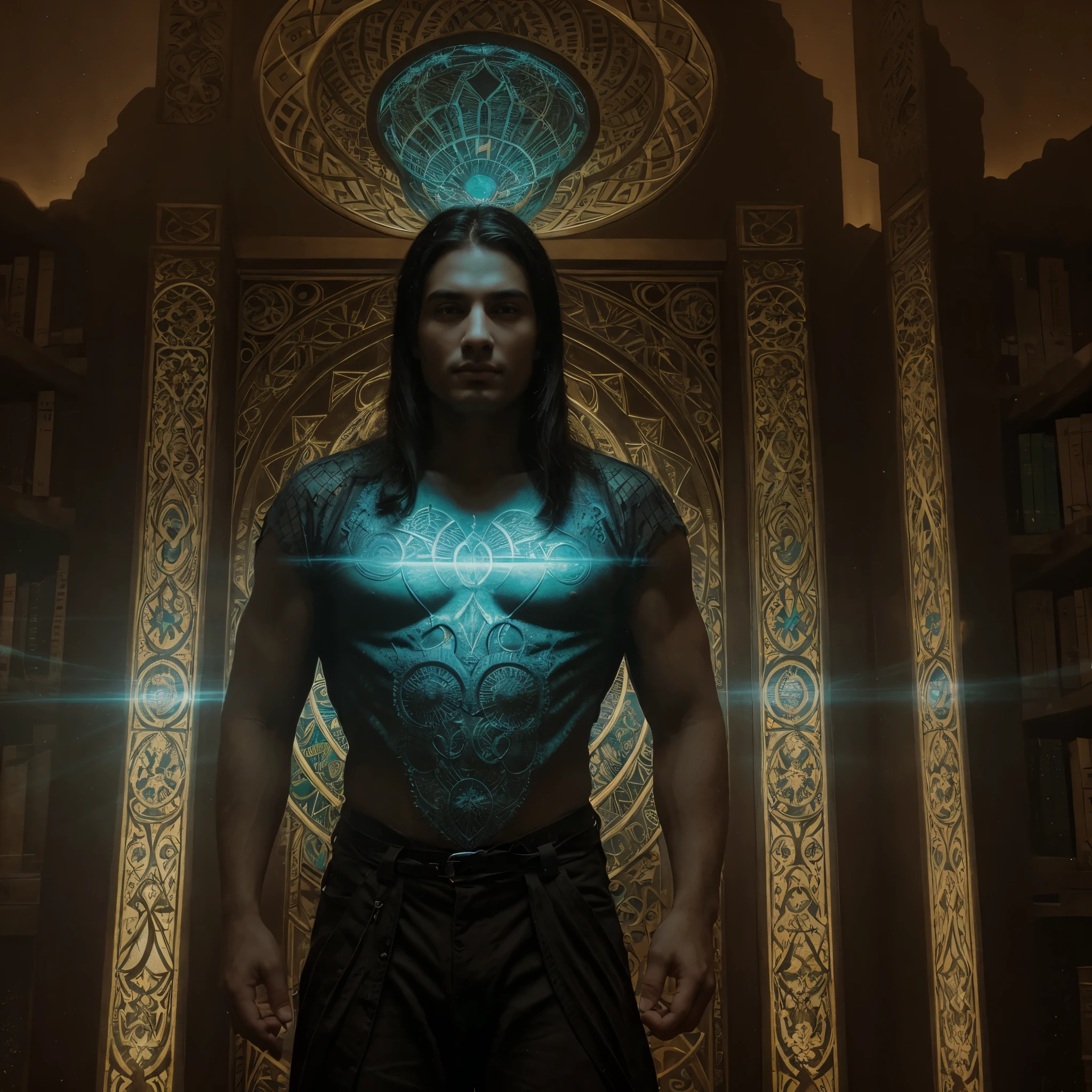 Nabu, the majestic Sumerian god, stands tall and imposing in his eternal form amidst a grand, otherworldly library. Illuminated by ethereal moonlight, the ancient scrolls and tablets emit a soft, luminous glow, embodying the wisdom of the ages. Nabu's beard flows majestically as he clutches a stylus and a seal, their tips radiating an enigmatic bioluminescence. Intricate Art Deco patterns adorn the walls of the library, while the surrealist shapes of the floating symbols swirl and intertwine around his regal head.