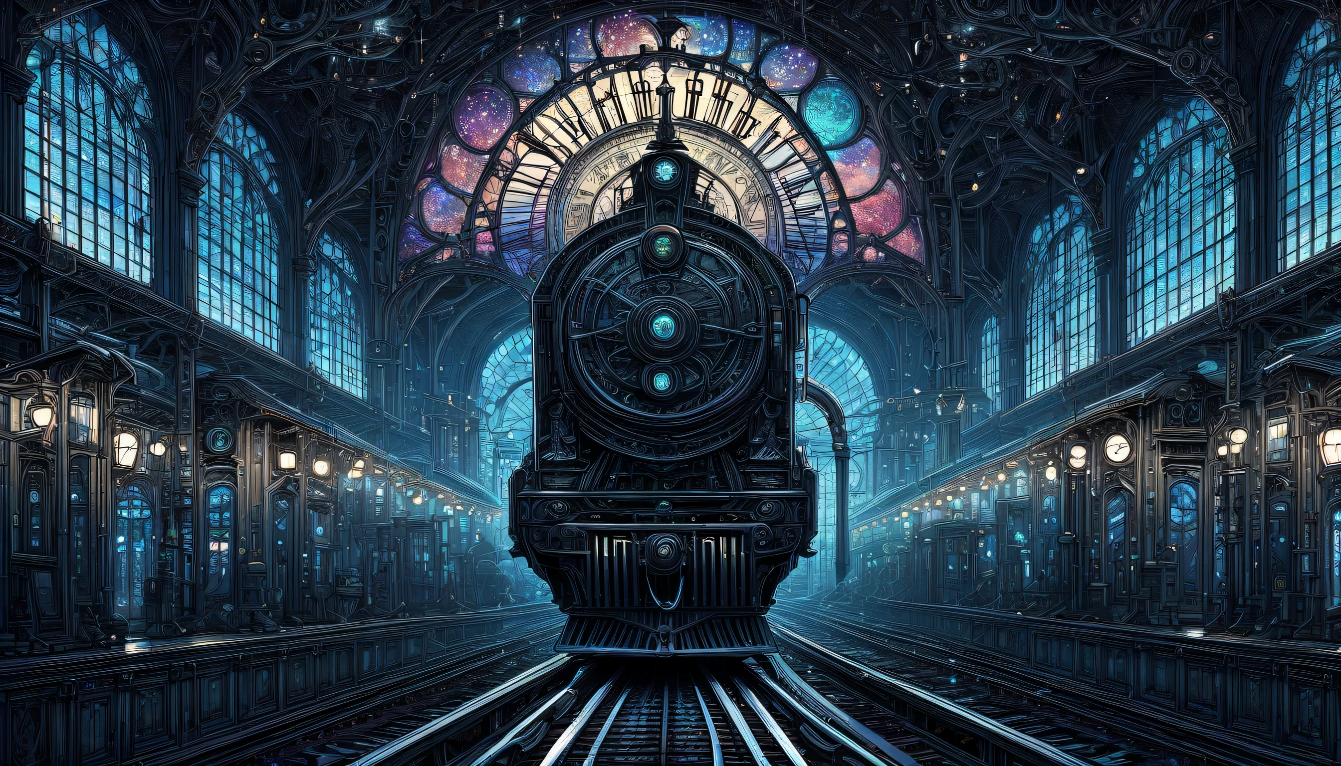 (((Big station dark fantasy project:1.3))), (((dark emperor train and station illustration:1.3))), Wonderful station with Rococo design, This station uses lamps instead of lights to create a magical atmosphere., A stunning ticket gate that combines futurism and rococo, (Details of the Dark Emperor train stop in the center back:1.1), Rococo style analog clock tower, (((matte paint illustration:1.4))), (((How to draw beautiful thin lines:1.3))), (((Masterpieces of beauty:1.3))), interstellar science, rich and vibrant colors, (((Elaborate train translucent fantasy:1.3))), Coating bright colors with dark shadows, Design that appeals to philosophy, Inspired by famous artists, Inspired by game illustrators, cinematic angle, intricate details, matte color contrast, (Beautiful detail shine:1.2),