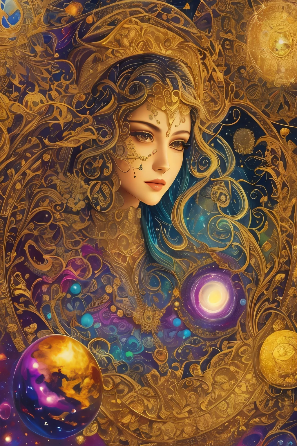 A painting of a woman with a golden head and a purple background, portrait of a cosmic Diosa, Diosa. detalle extremadamente alto, Diosa art, cosmic Diosa, detailed fantasy digital art, Diosa portrait, pintura digital intrincada, celestial Diosa, extremely detailed Diosa shot, Diosa of space and time, Diosa of galaxies, Intricate fantasy painting, intrincada pintura hermosa, Ornate galactic gold