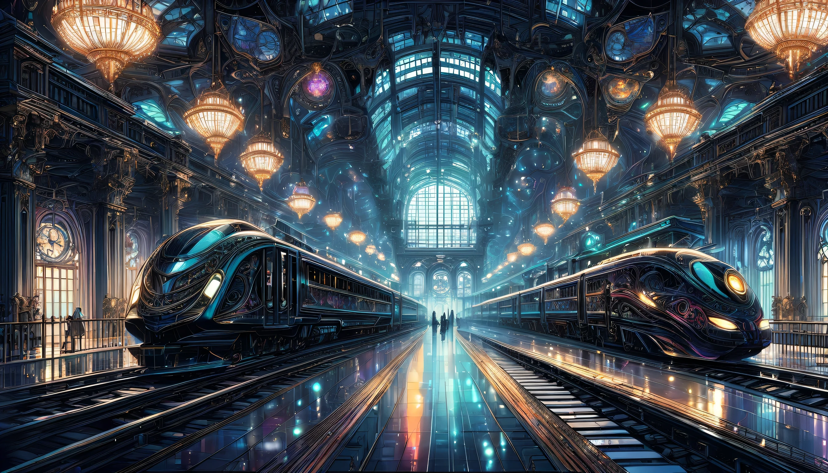 (((Big station dark fantasy project:1.3))), (((dark emperor train and station illustration:1.3))), Wonderful station with Rococo design, This station uses lamps instead of lights to create a magical atmosphere., A stunning ticket gate that combines futurism and rococo, (Details of the Dark Emperor train stop in the center back:1.1), Rococo style analog clock tower, (((matte paint illustration:1.4))), (((How to draw beautiful thin lines:1.3))), (((Masterpieces of beauty:1.3))), interstellar science, rich and vibrant colors, (((Elaborate train translucent fantasy:1.3))), Coating bright colors with dark shadows, Design that appeals to philosophy, Inspired by famous artists, Inspired by game illustrators, cinematic angle, intricate details, matte color contrast, (Beautiful detail shine:1.2),