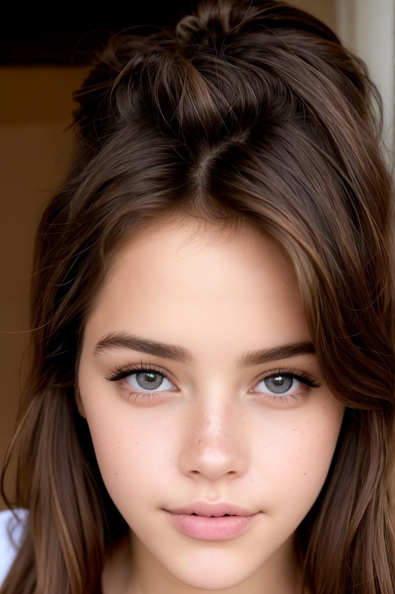 , portrait of barbara palvin, Hermosos ojos y cara, girl with brown hair, pecas suaves, cara perfecta ), chica sexy con ojos verun primer plano de una mujer con pecas en la cara, brown hair and big eyes, cara perfecta and eyes, close-up cara perfectades, short brown hair and big eyes, rostro de mujer joven, hermosos rasgos faciales finos, luz tenue, pecas en el rostro, Cute eyelashes