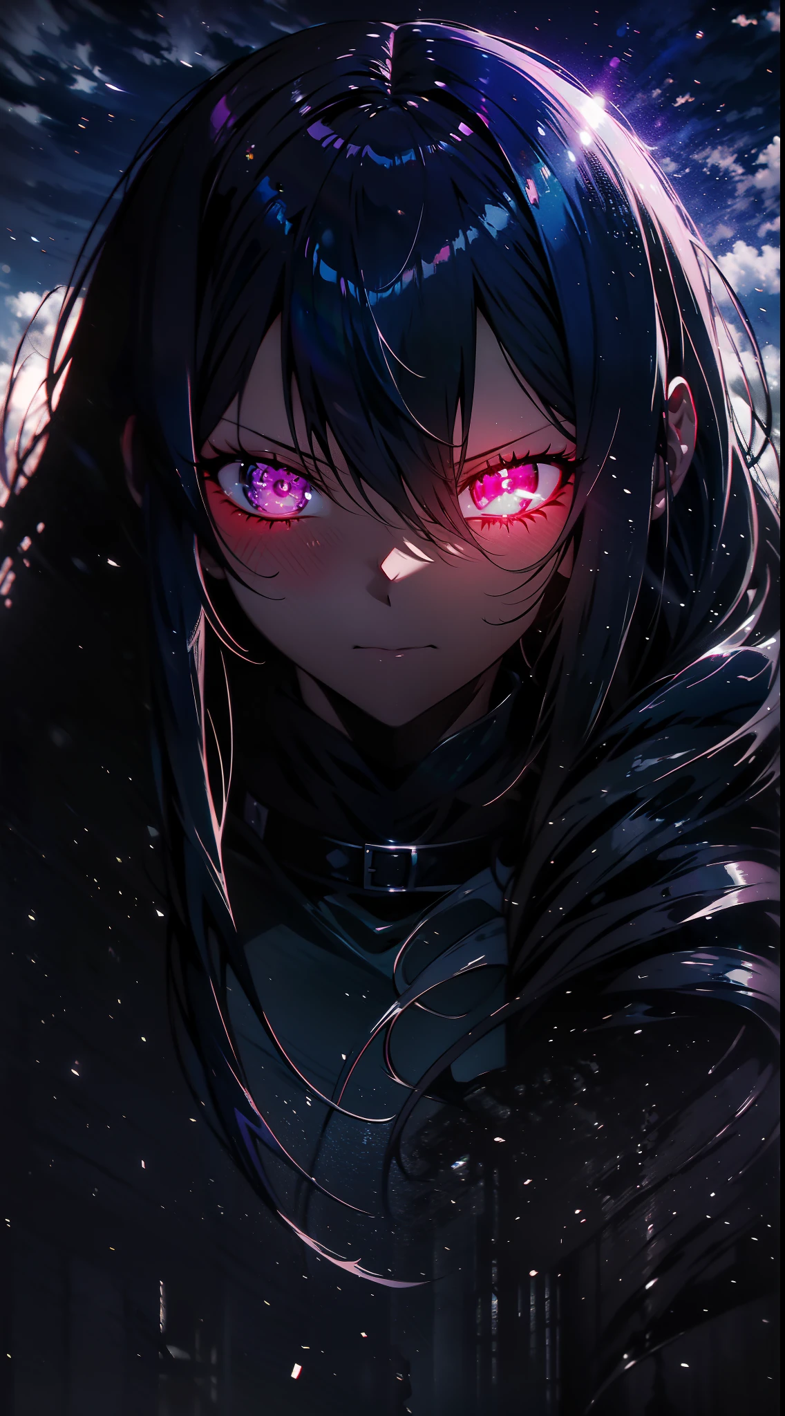 slime girl, (slime), slime hair, double buns hair style, cinematic dark lighting manga anime focused on the look, murderous pose, light coming in focused on the face, dark, weather, masterpiece, anime, menacing gaze, menacing, blood perception, light, sky, anime colors, counterfeit v3 anime style