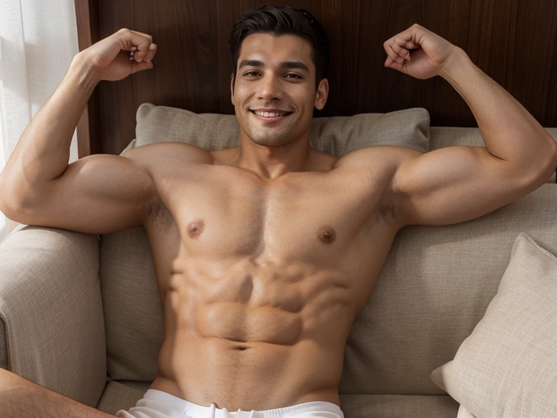 Homem jovem, sem camisa, musculoso, usando sunga sexy, sorrindo