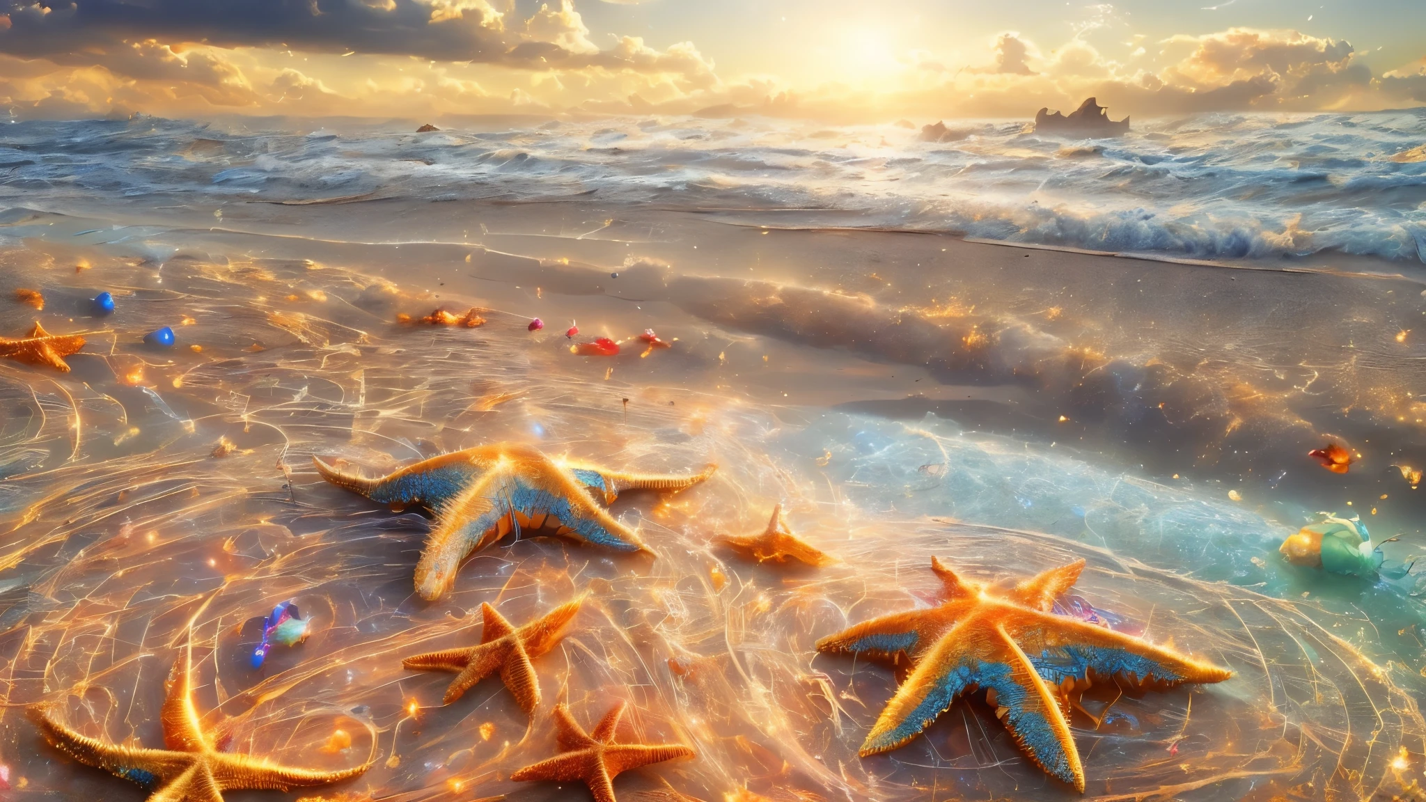 Masterpiece, best quality, 8k, panoramic view, magical scenery, outdoors, day, Beach, Sand that looks like a golden carpet. Sky, cloud, day, without humans, soft sound, waves, Starfish, chatty crabs, noisy seagulls, which filled the environment with their animation.