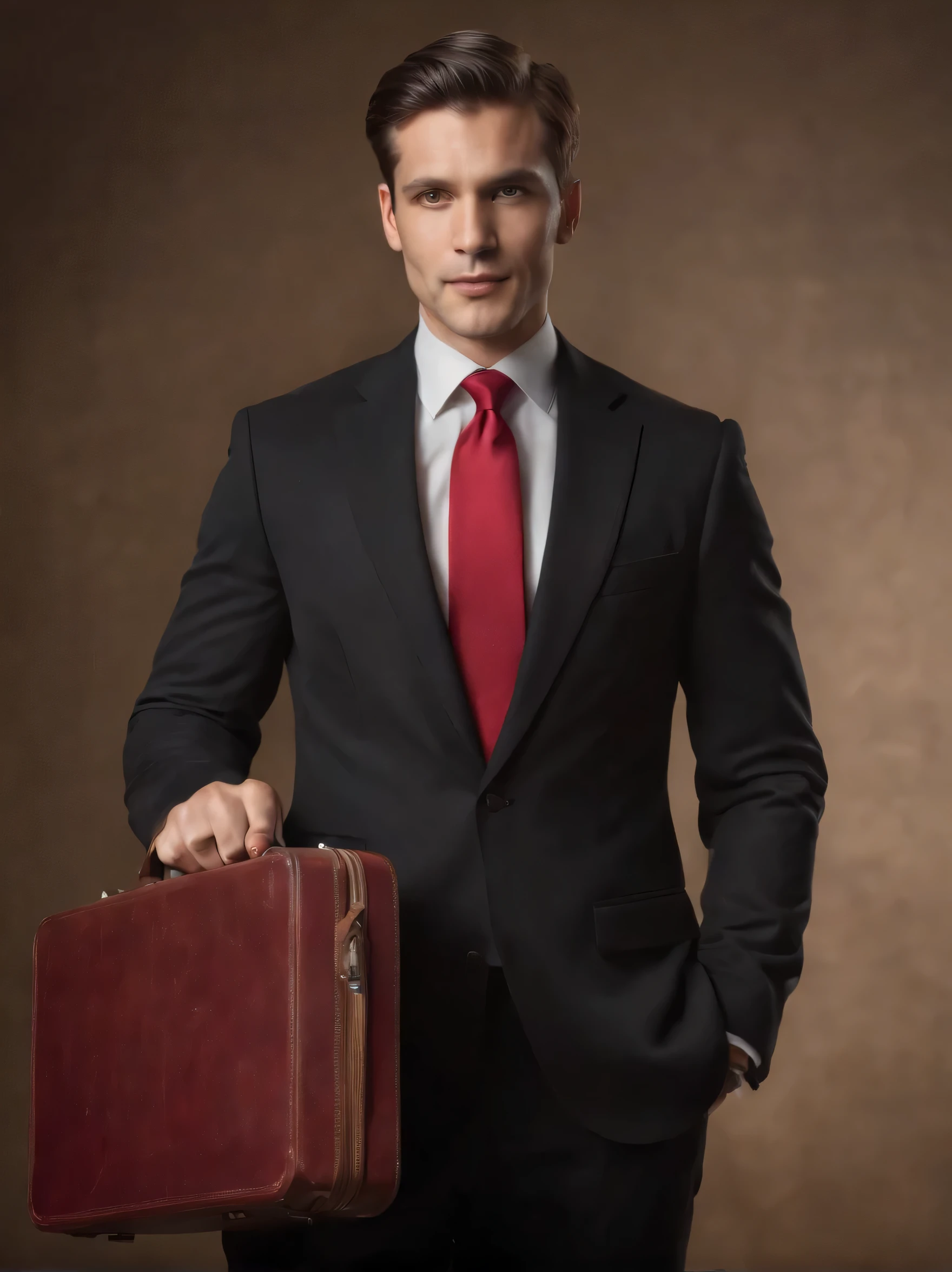business man, black suit, red tie, holding brown case