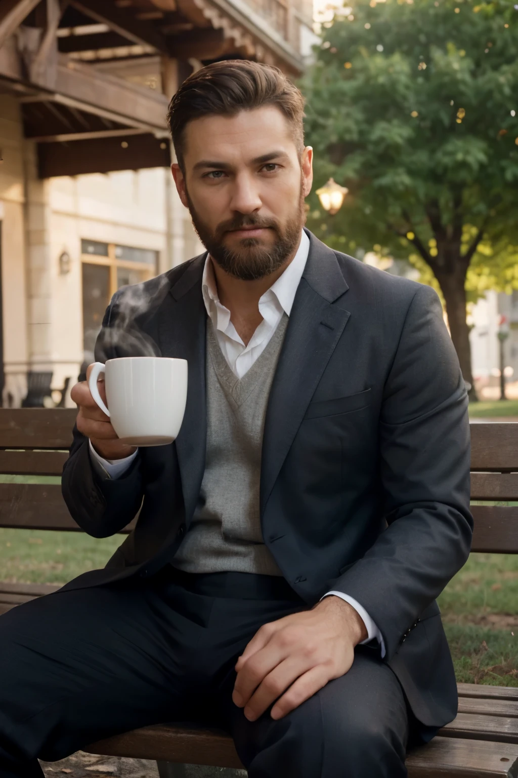 (man:business suit:beard:serious expression) sitting on a park bench, (hand:holding) a steaming cup of coffee. The photo captures a candid moment, preserving the (authenticity) of the scene. The image quality is of the (highest standard), with (RAW photo files) available, ensuring every detail is sharp and (crystal clear). The resolution is set at (8k), producing an (ultra-high definition) result. The image is rendered in a (photorealistic) manner, so lifelike that it almost feels like a photograph. The (professional lighting) enhances the scene, casting a warm glow on the man's face and the surrounding area. The colors are (vivid) and (true to life), adding to the realism.