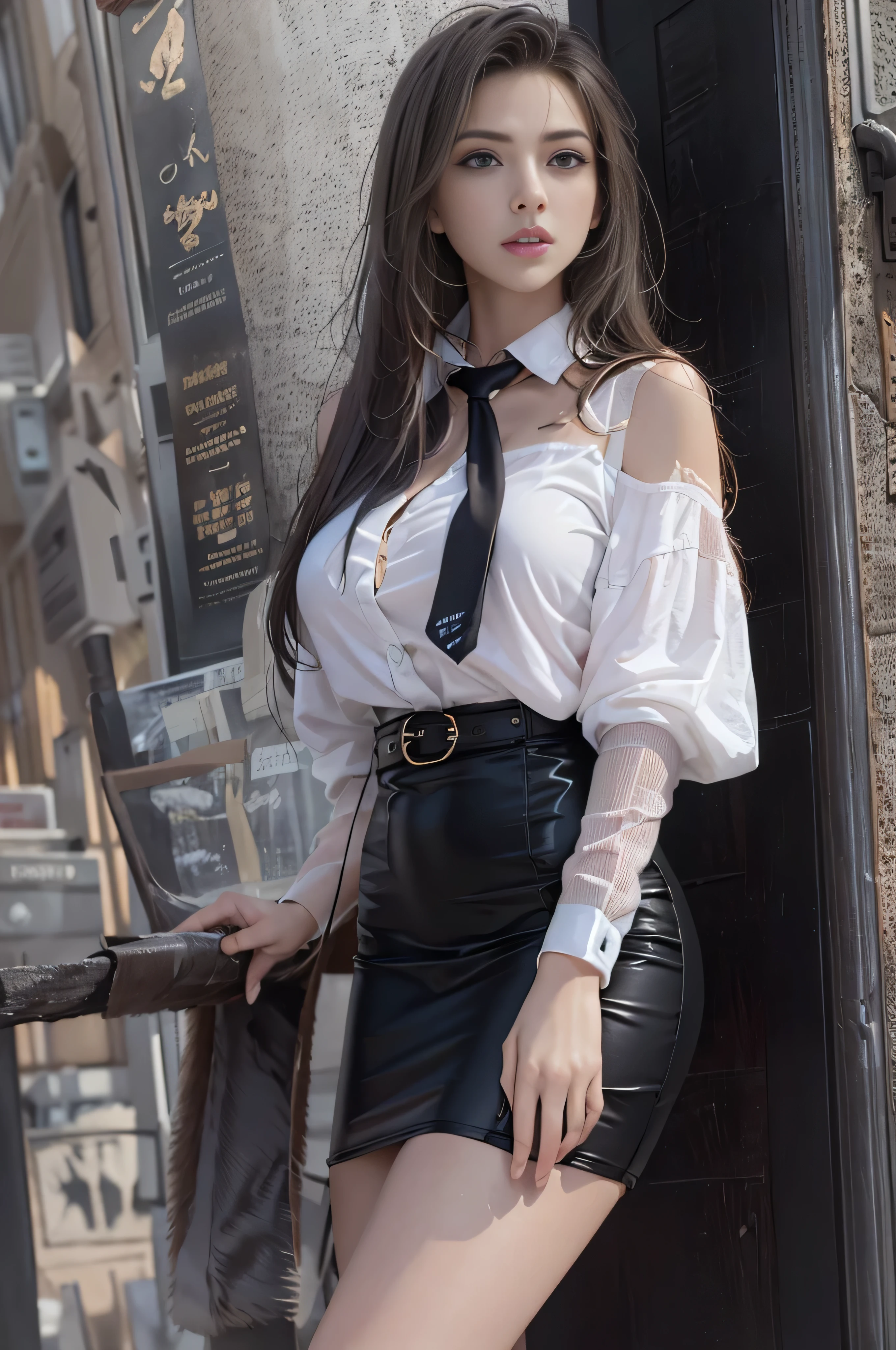 Award-Awarded, Super detail, Anatomically correct, hyper HD, retinas, Masterpiece, Textured skin, ccurate, High details, Best quality, A high resolution, High quality, 8K,Photorealistic, high resolution, 1 Women, Solo, Hips up, Beautiful eyes, White hair, ringed eyes, Collared shirt,black necktie,Black skirt, pencil skirts, Fur coat, black lence stockings