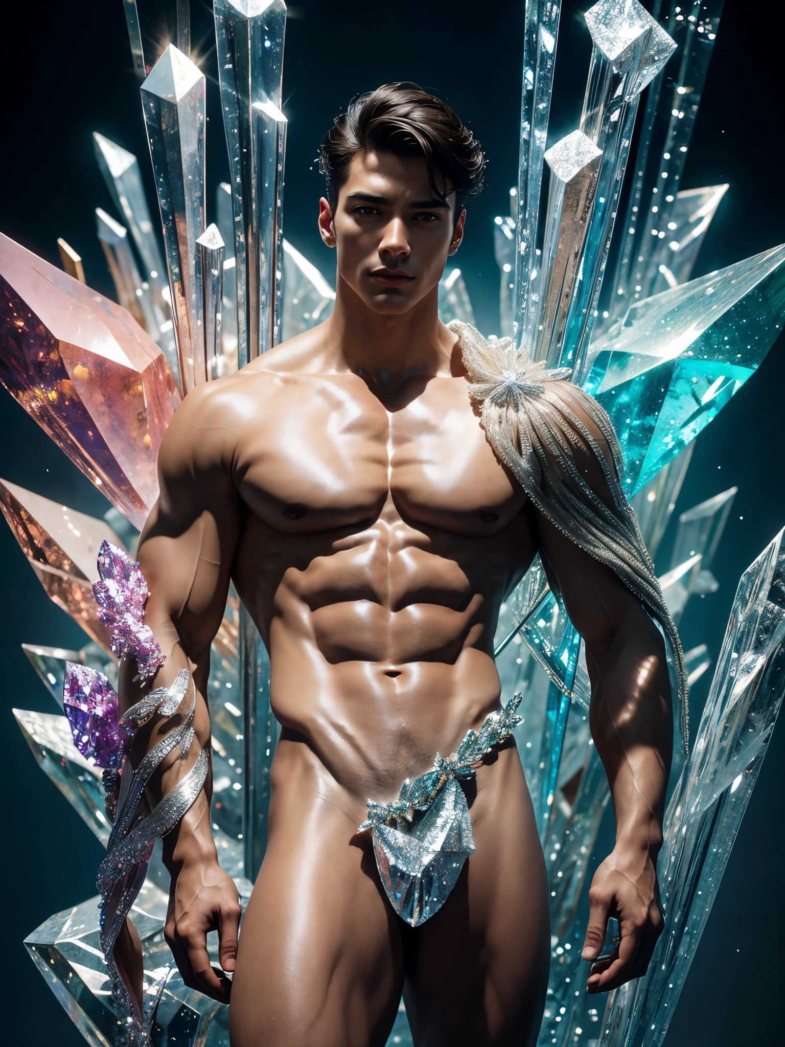 (photorealistic, masterpiece, best quality, highres, highly detailed), a young and handsome man posing nude surrounded by crystal, personification of crystal as a man, 18-year-old man, nude, penis, vibrant colors, realistic lighting, sparkling reflections, radiant and transparent skin, chiseled physique, intense gaze, striking features, well-defined jawline, tousled hair, confident and relaxed posture, artistic composition, elegant and graceful pose, captivating and alluring expression, the man's body covered with delicate and intricate crystals, creating a mesmerizing and ethereal effect, immaculate attention to detail, flawless rendering of textures, harmonious blend of realism and fantasy, incredible depth and dimension, attention-grabbing contrast between the smoothness of the man's skin and the texture of the crystals, seamless integration of the human form with the crystal surroundings, evoking a sense of grace, beauty, and mystery, powerful symbolism of purity and strength embodied by the crystal elements, expert use of shadows and highlights to enhance the three-dimensional quality of the image, masterful use of color to create a dreamlike atmosphere, refined and subtle nuances of light and shade, creating a visually stunning and emotionally impactful scene, exquisite craftsmanship and skillful execution, capturing the essence of both the human form and the ethereal beauty of crystals, creating an unforgettable and awe-inspiring visual experience.