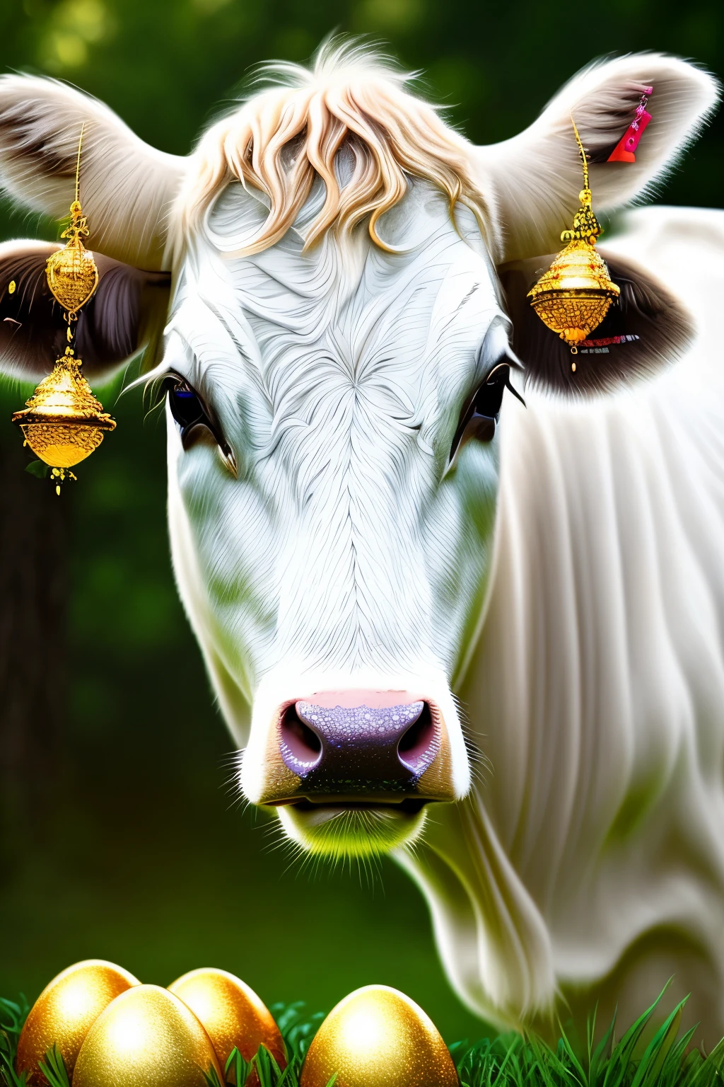 A majestic cow graced with brilliant eyes and adorned with a golden halo, as delicate golden eggs cascade gracefully from its fur, symbolizing the unexpected source of wealth and prosperity in this surreal 8K scene. The cow's powerful, serene demeanor adds to the mythical allure, as the golden eggs glisten in the light, adding a touch of enchantment and prosperity to the peaceful setting. This detailed and hyper-realistic rendition of the scene, with its rich colors and high-resolution textures, makes for a captivating and inspiring work of art.