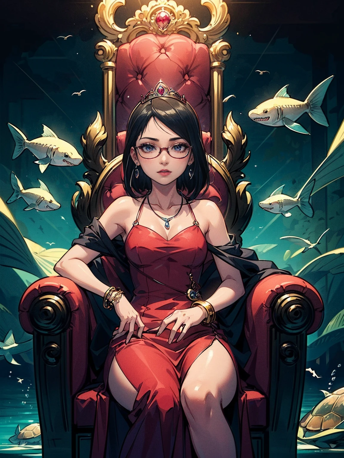 ((1girl, solo ,alone, Sarada Uchiha, short hair, ((dark eyes, bracelets, ruby earrings, black eyes, glasses, small breasts, uchiha sarada)), ((solo, 1woman, pink lipstick, Extremely detailed, ambient soft lighting, 4k, perfect eyes, a perfect face, perfect lighting, a 1girl)), austere, ((sitting on a throne, submerged in the ocean, sitting on her throne under; water, sea queen, mu yanling, Krenz Cushart and Artgerm, fish, coral, shark, turtle, algae)), ((long dress, elegant dress , formal dress, red dress, bracelets, ruby earrings, gold necklace, diamond tiara, sovereign))