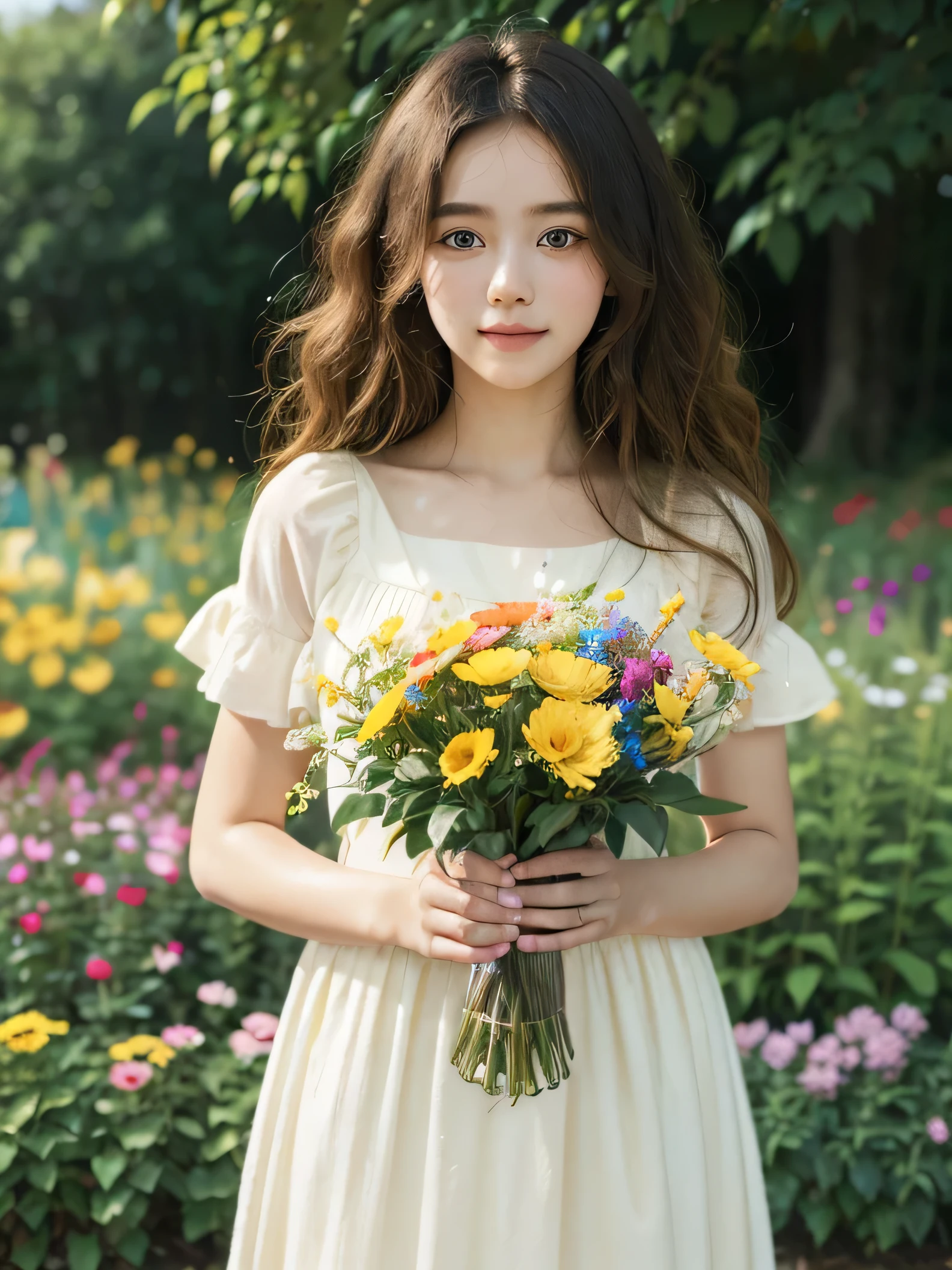 The prompt is as follows:
young girl with bright eyes,detailed face,amazingly beautiful and curly hair,dressed in a flowy summer dress,standing in a colorful garden, surrounded by vibrant flowers and lush greenery, basking in warm sunlight, with a gentle breeze blowing her hair, radiating innocence and curiosity, a playful smile on her lips,eyes filled with wonder and joy, capturing the essence of youthful energy and innocence, masterfully painted with oil on canvas, showcasing the finest level of detail, vibrant colors and intricate brushstrokes, resembling a timeless masterpiece, with a touch of Impressionism, the colors are bright and lively, with a warm color palette dominated by shades of pink, yellow, and green, soft and natural lighting that illuminates her face and surroundings, creating a serene and dreamlike atmosphere.