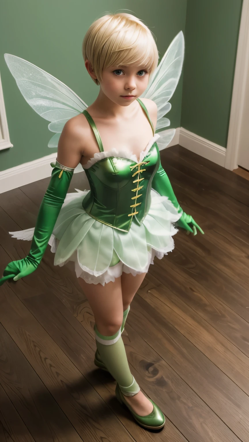 A cute girl wearing a green fairy costume with white wings standing on a hard wood floor shot from above as she looks at the camera confused. Blonde pixie cut. Wearing green gloves and shoes. Darkened room