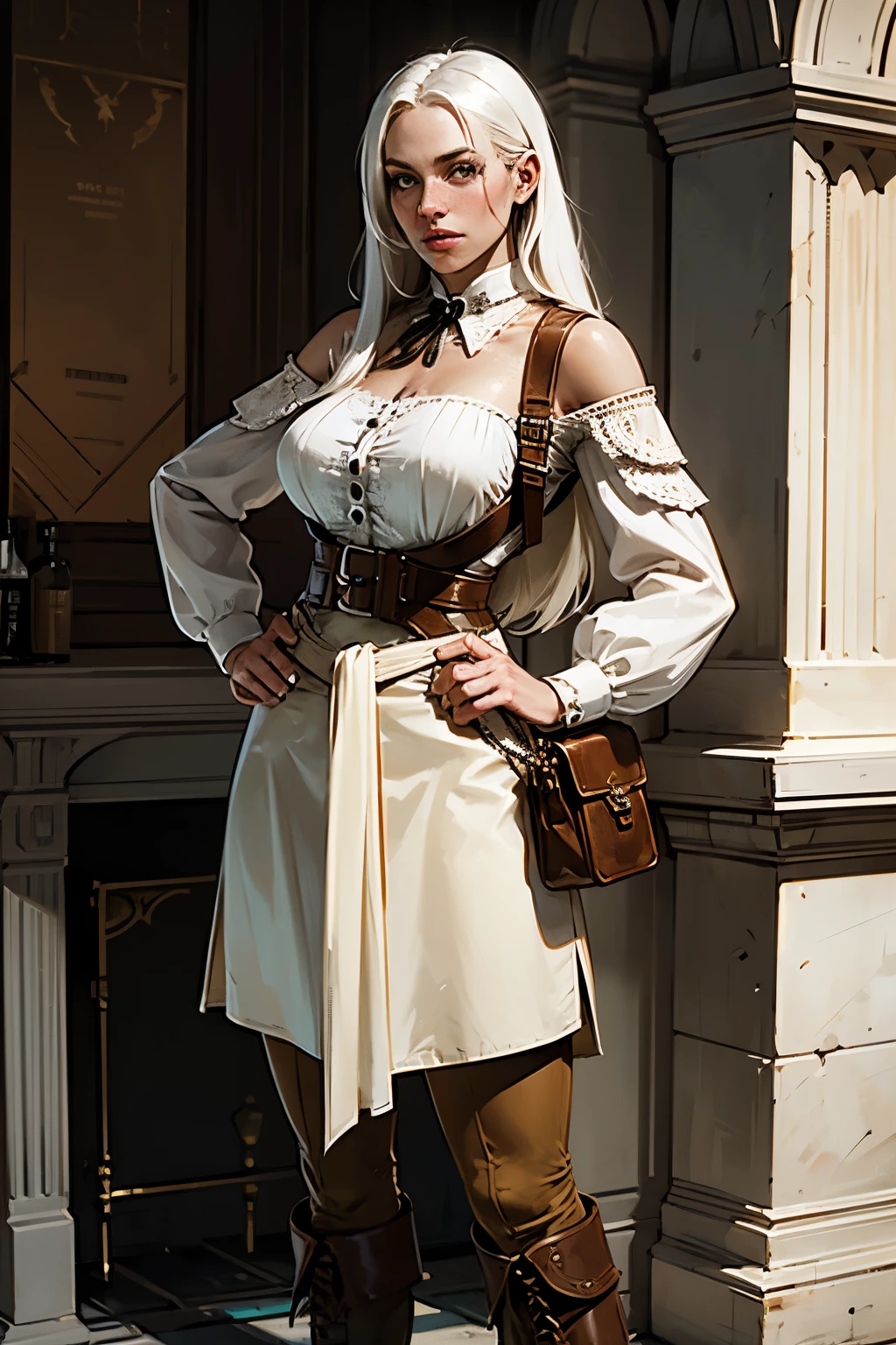 young woman with long, straight white hair, white skin and freckles on her cheeks, dark green eyes, a thin face, she wears a large white shirt that reveals her shoulders and a mid-length brown skirt. over a brown corcet, her outfit is steampunk style, she wears high brown leather boots closed with a lace, she wears light brown pants under her skirt, she has a large leather shoulder bag, she is thin and tall average