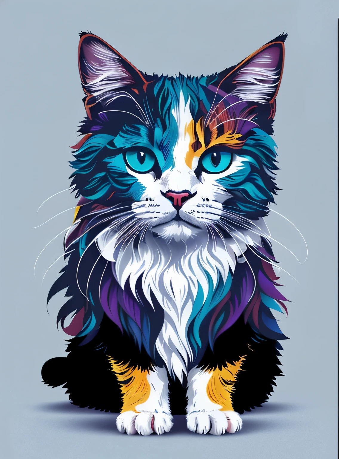 brightly colored cat with blue eyes and long mane, fluffy cat t - shirt design, highly detailed vector art, cat detailed, awesome cat, cat design, 4k detailed digital art, perfect coloring, digital painting highly detailed, beautiful cat, cat. digital painting, high detailed colors, highly detailed illustration, highly detailed and colored, vector art style